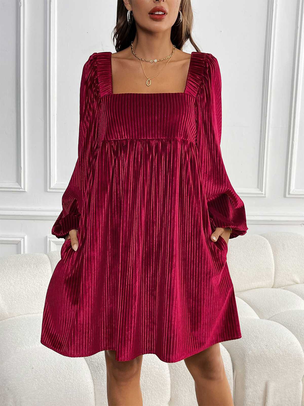 1960er Quadratischer Hals Puffärmel Samt Babydoll Kleid - Image 5