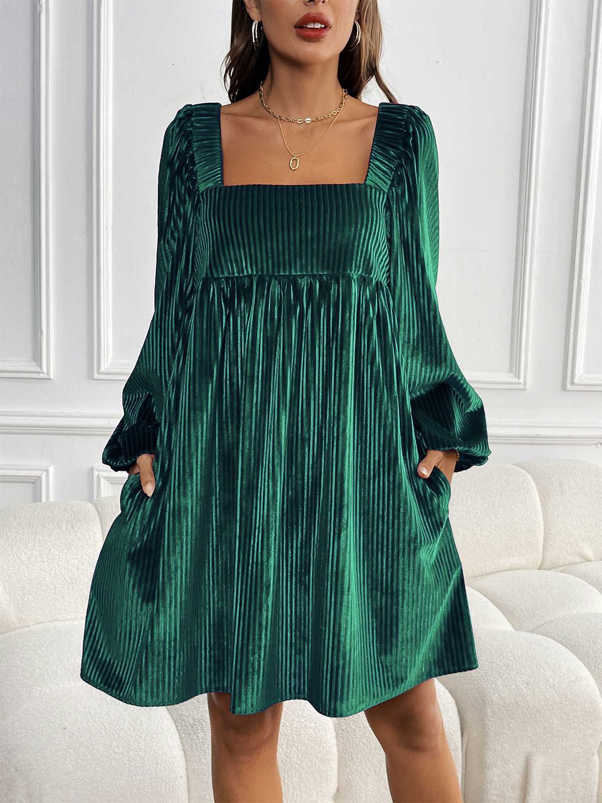 1960er Quadratischer Hals Puffärmel Samt Babydoll Kleid - Image 7