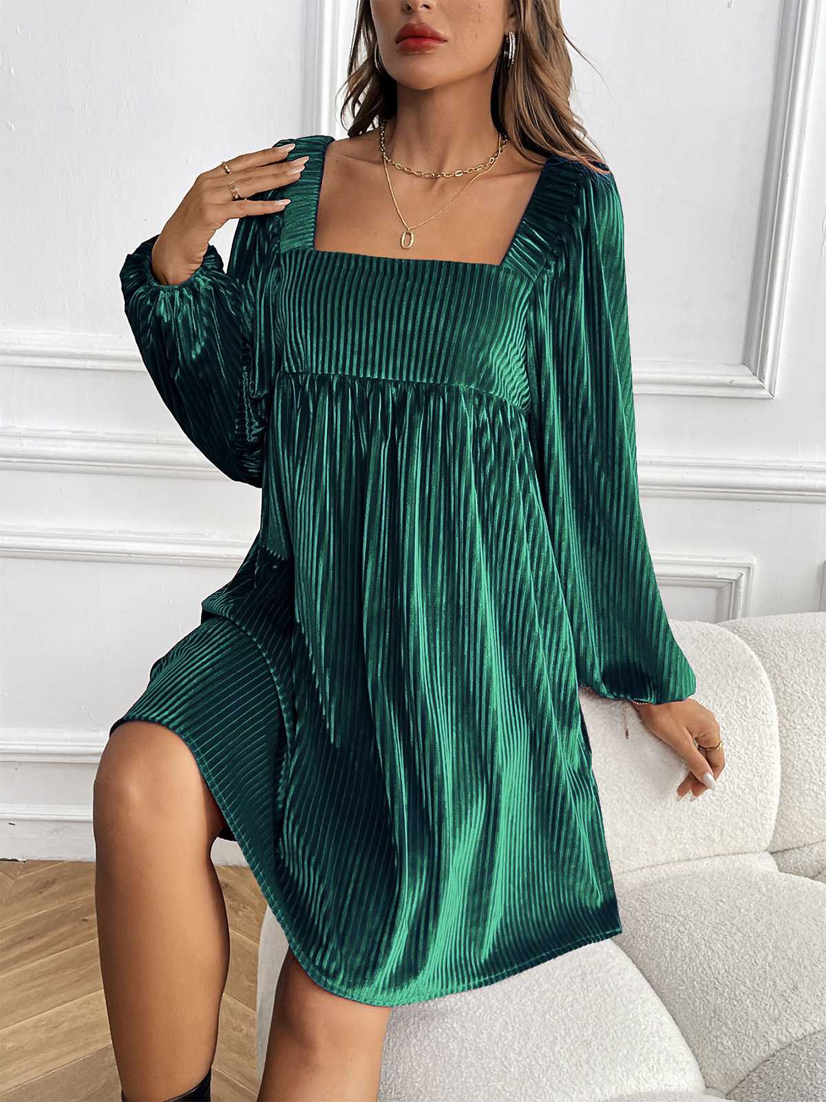 1960er Quadratischer Hals Puffärmel Samt Babydoll Kleid - Image 8