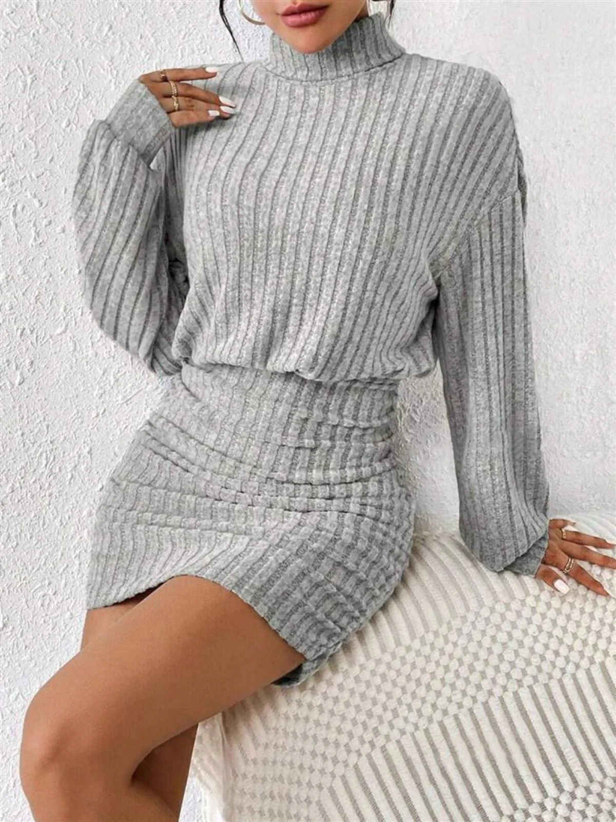 1960er Rippstrick Rollkragen Pullover Enges Kleid - Image 3