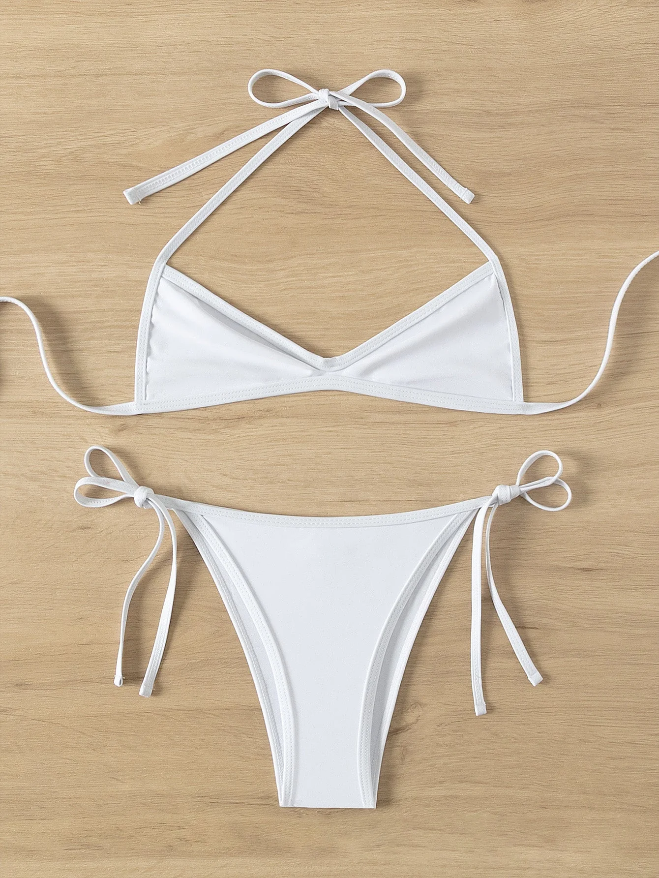 1960er Solide Gerafft Halter Schnürung Bikini Set - Image 5