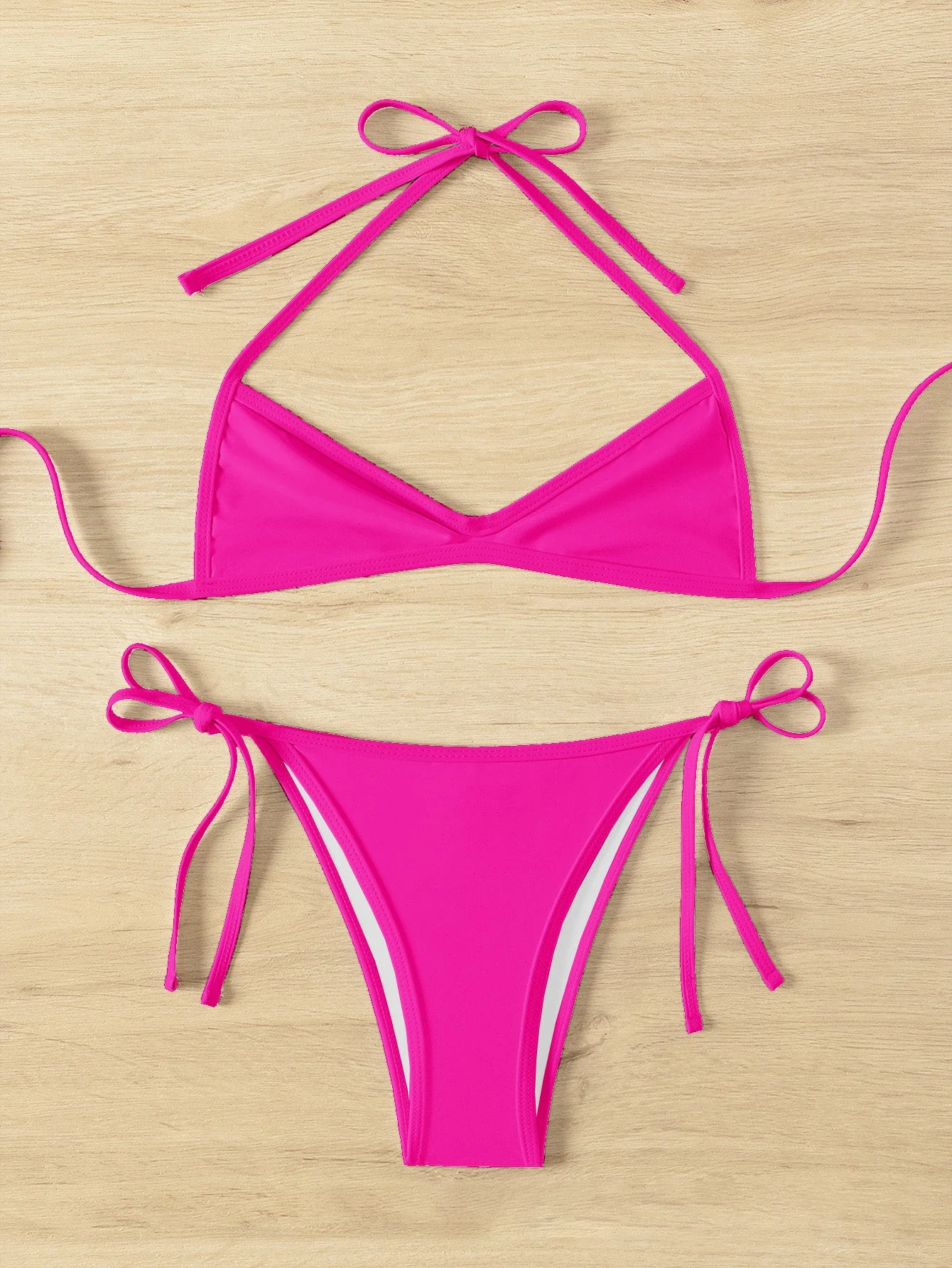 1960er Solide Gerafft Halter Schnürung Bikini Set - Image 7