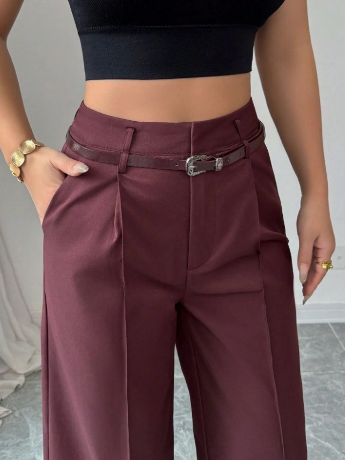 1960er Solide Hohe Taille Weites Bein Hose - Image 5