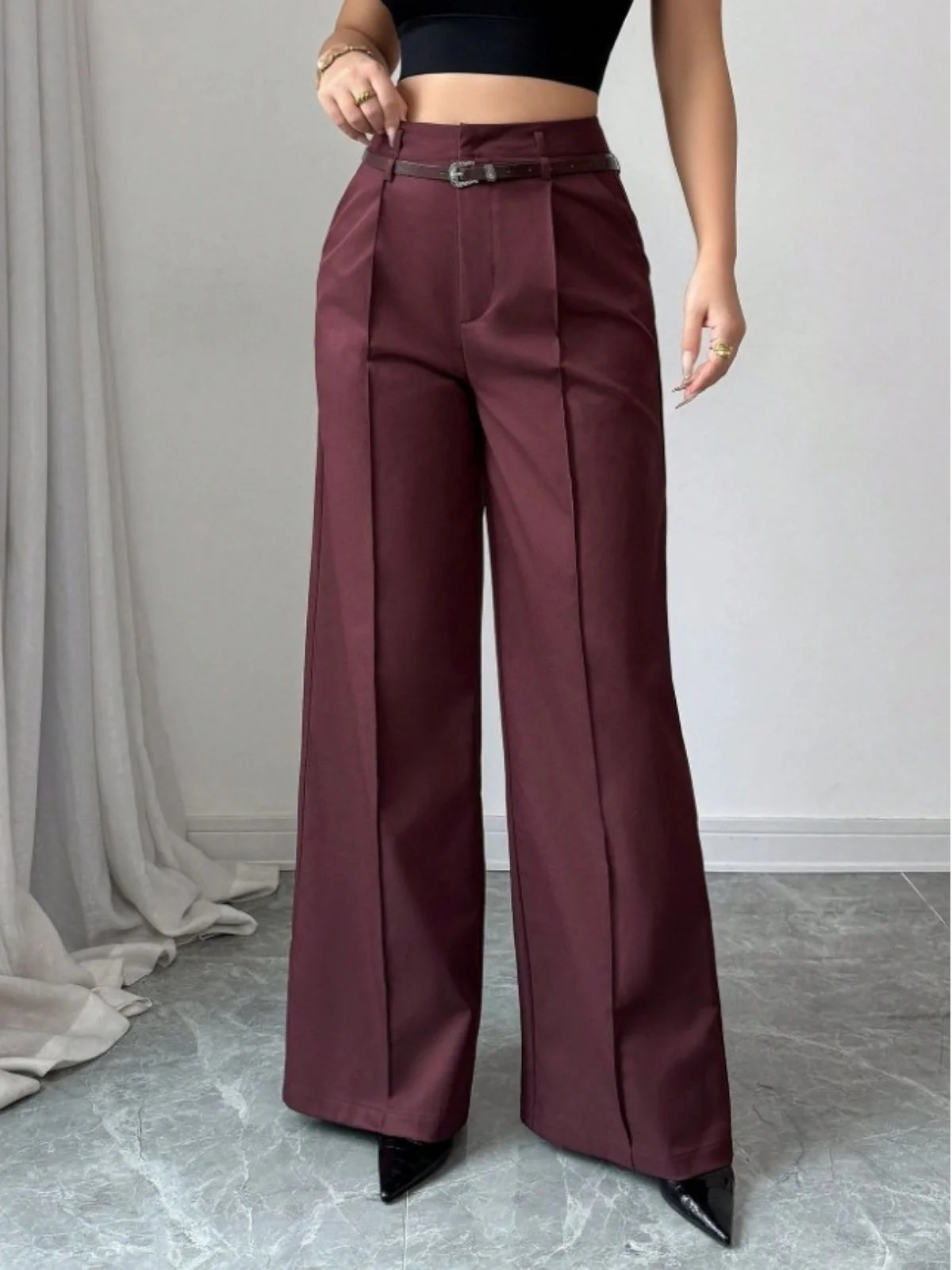 1960er Solide Hohe Taille Weites Bein Hose - Image 7