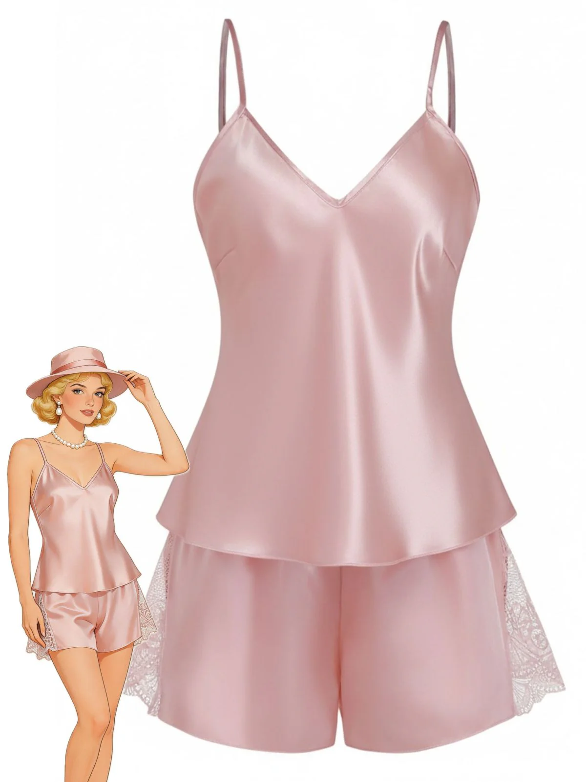 1960er Solide Spitze Besatz Satin Unterhemd Pajama Set