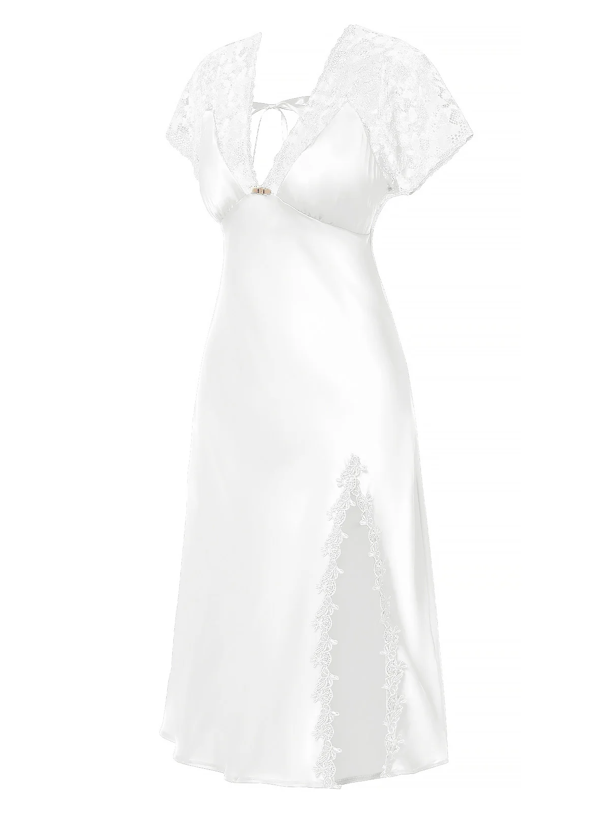 1960er Solide Spitze Satin Patchwork V-Ausschnitt Nachthemd - Image 10