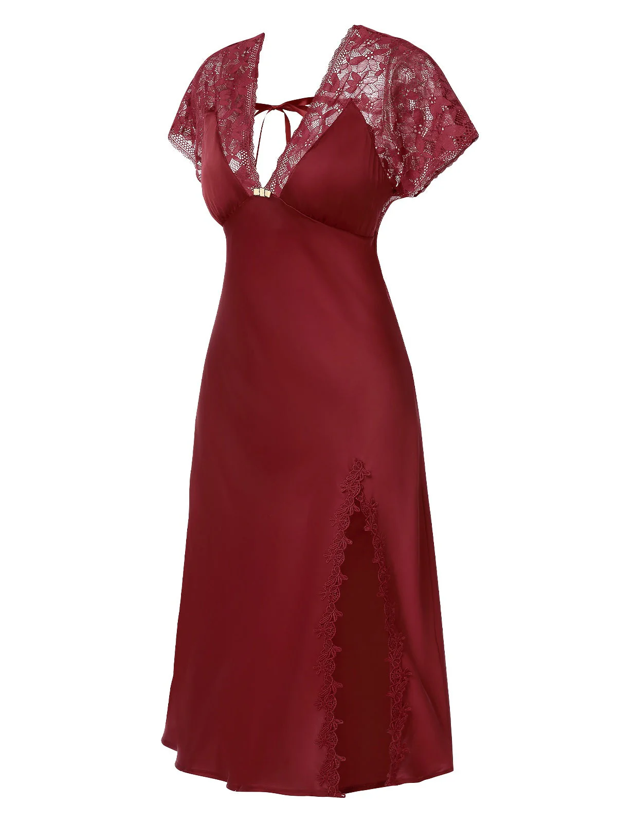 1960er Solide Spitze Satin Patchwork V-Ausschnitt Nachthemd - Image 2