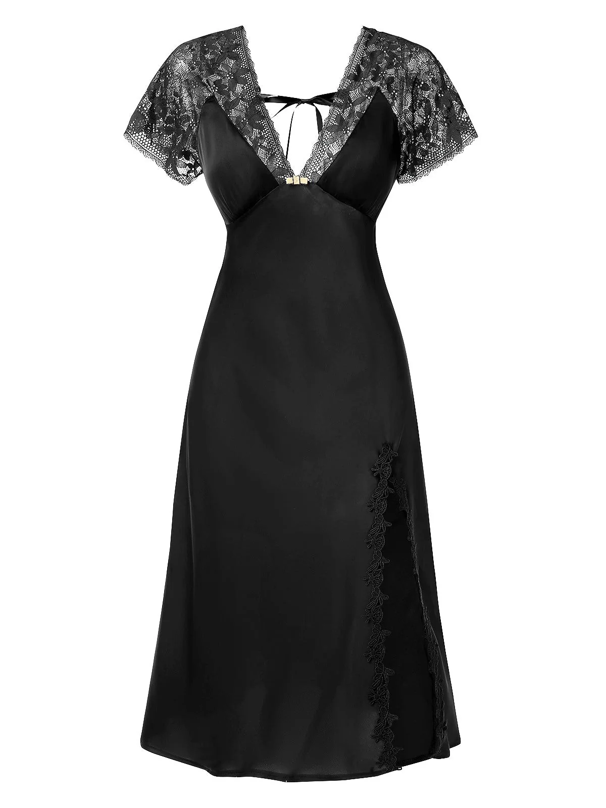 1960er Solide Spitze Satin Patchwork V-Ausschnitt Nachthemd - Image 5
