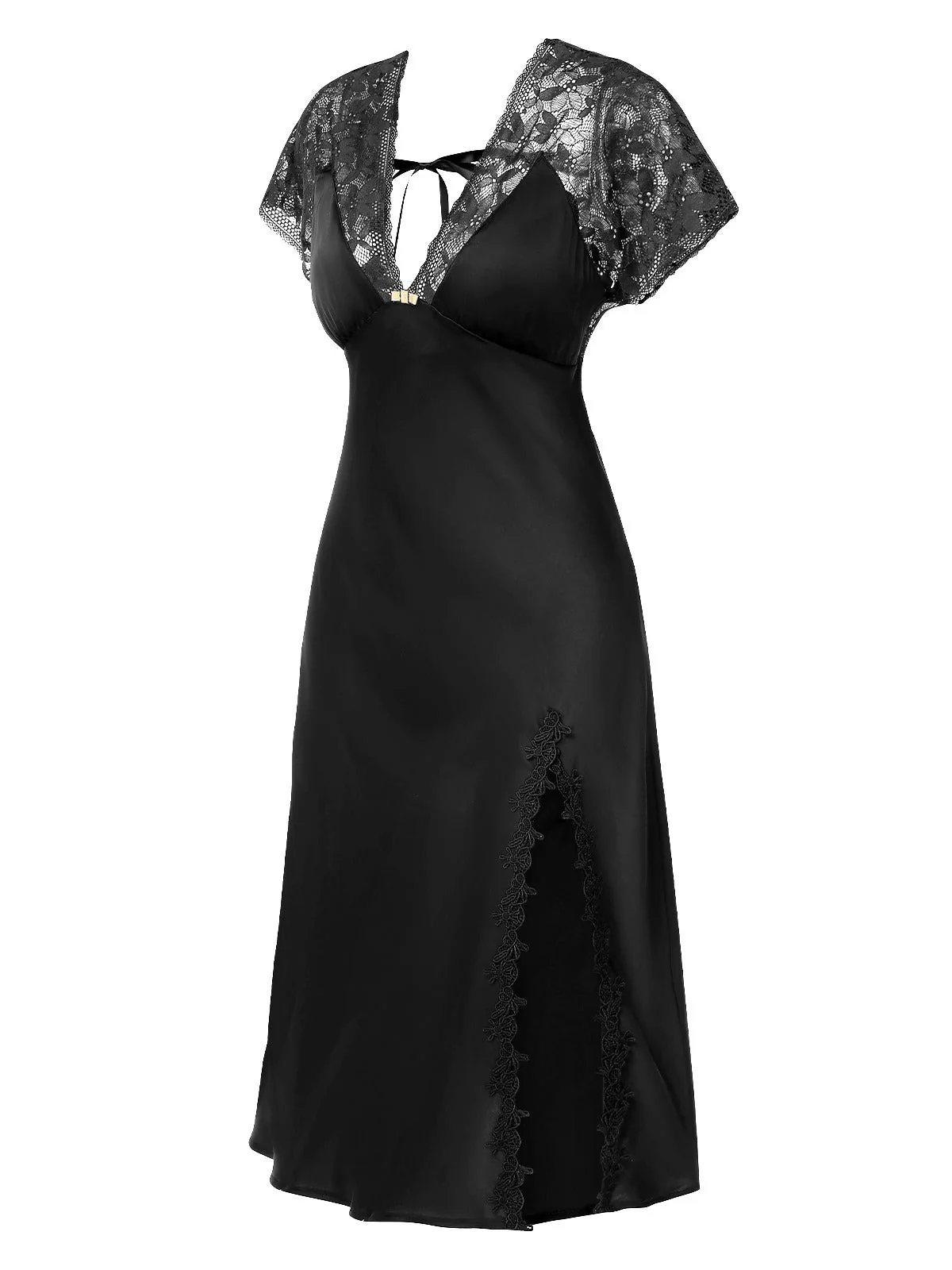 1960er Solide Spitze Satin Patchwork V-Ausschnitt Nachthemd - Image 6
