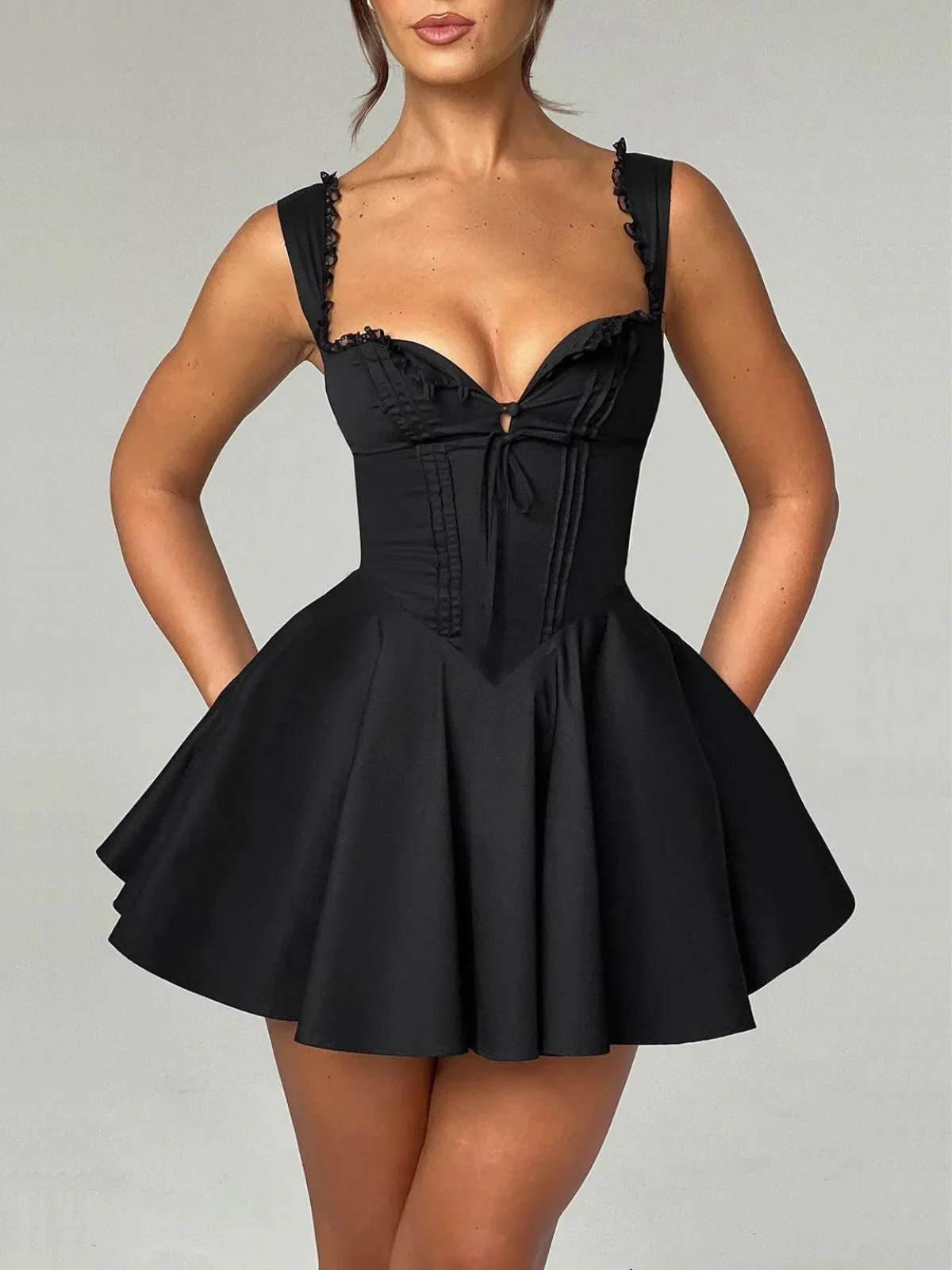 1960er Solide Spitze Träger Schnürung Skater Kleid - Image 2