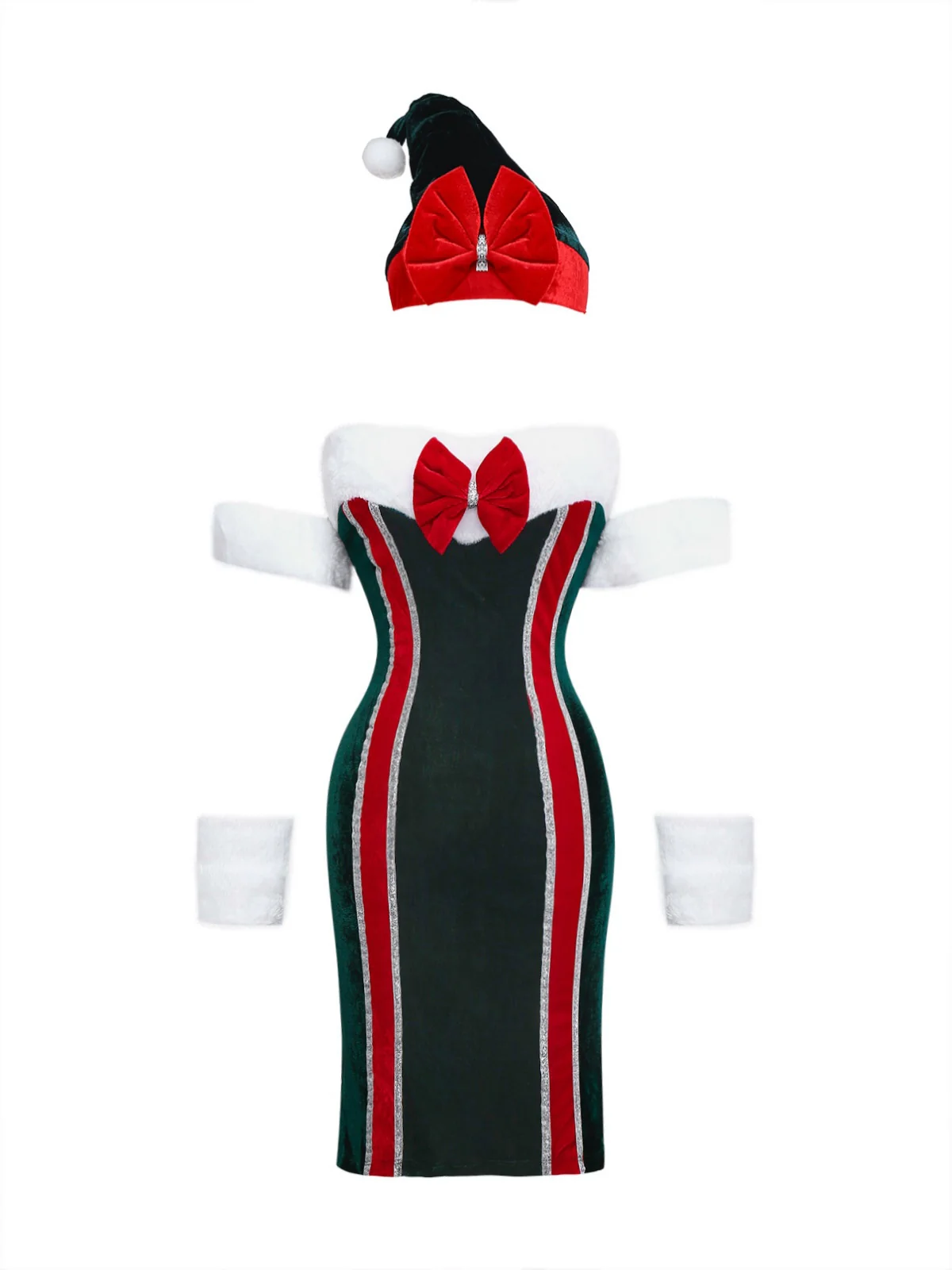 1960er Trägerlos Samt Weihnachten Pelzbesatz Bogen Kleid Set - Image 2