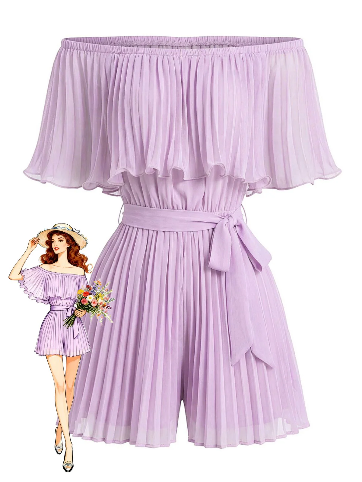 1960er Uni Schulterfrei Plissiertes Taillenband Romper