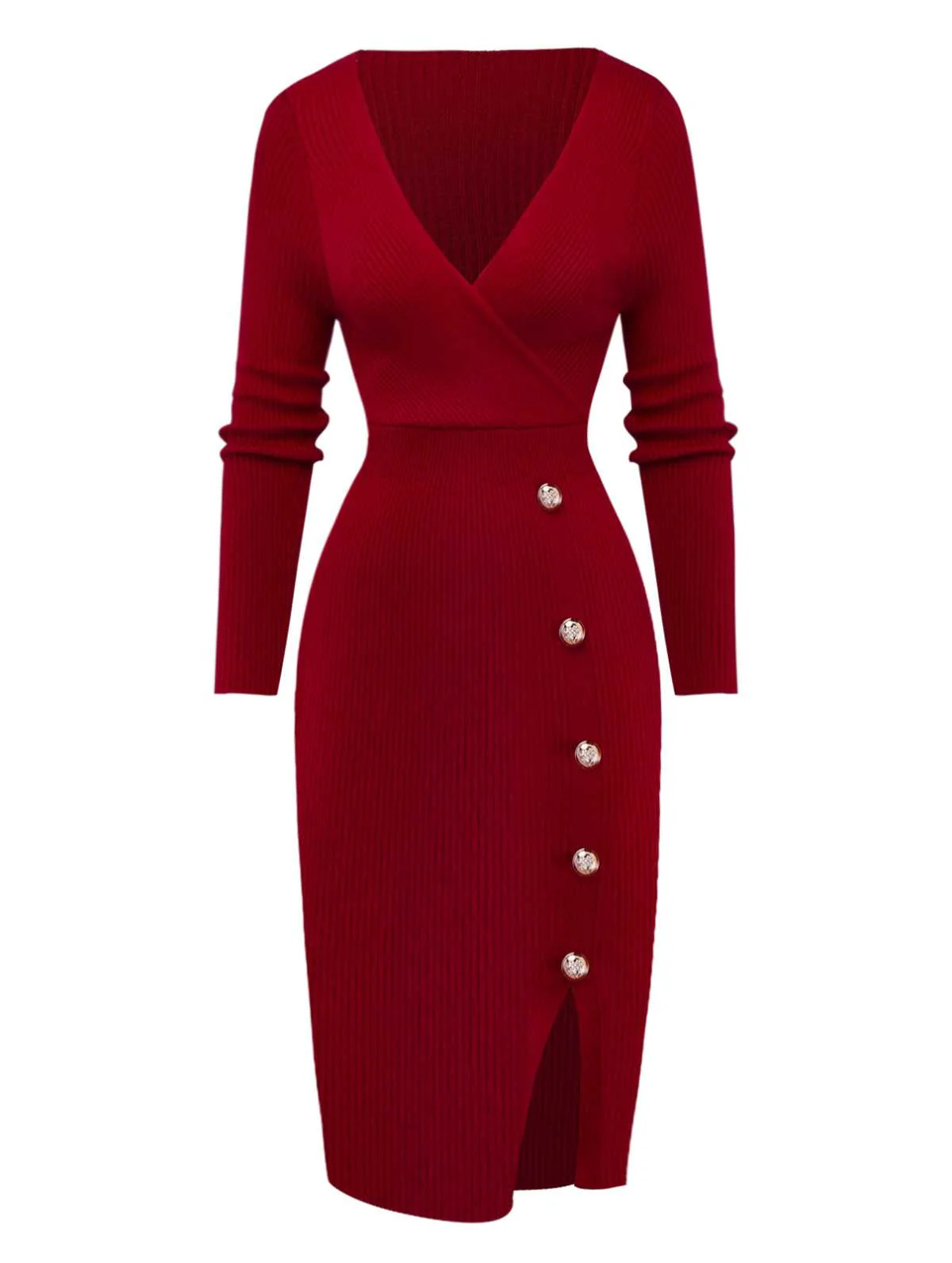 1960er V-Ausschnitt Rippstrick Taste Enges Kleid - Image 2