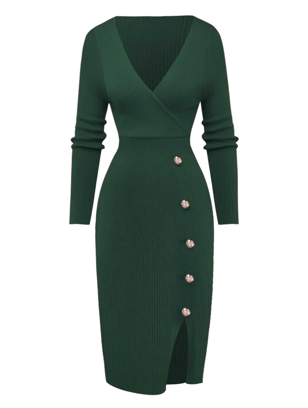 1960er V-Ausschnitt Rippstrick Taste Enges Kleid - Image 8