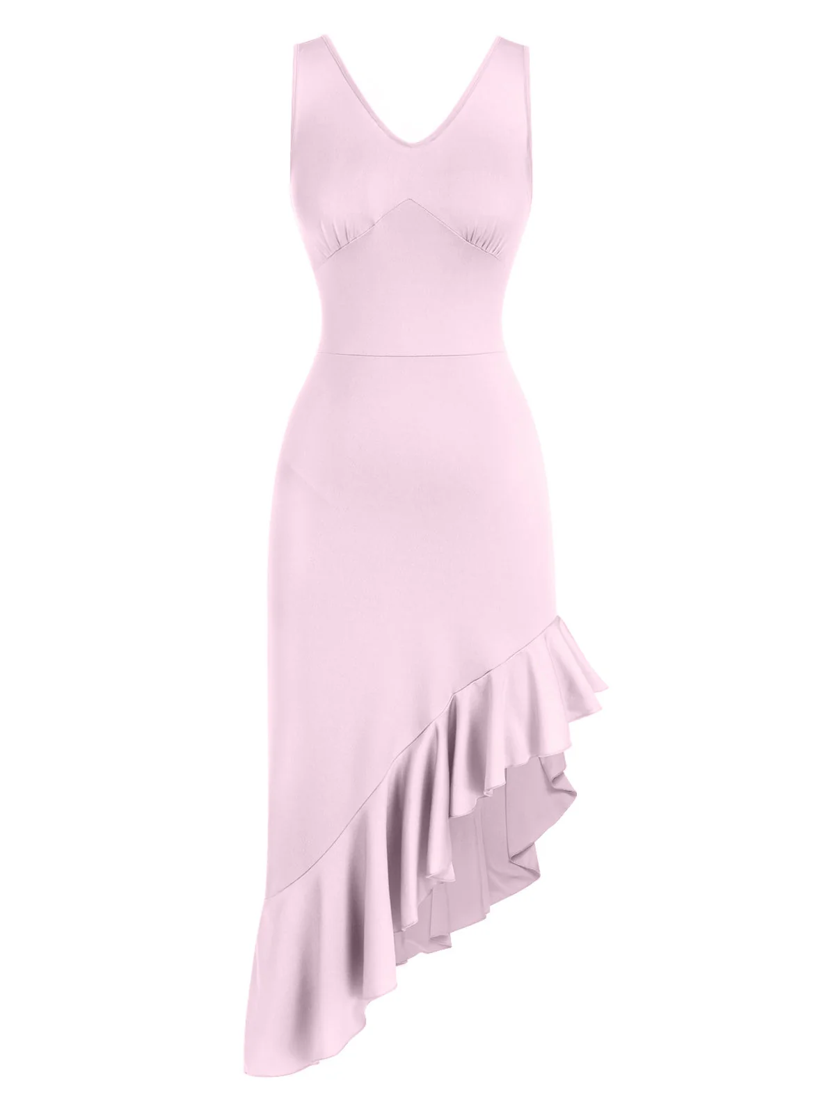 1960er V-Ausschnitt Schräg Rüschen Saum Ärmellos Kleid - Image 11