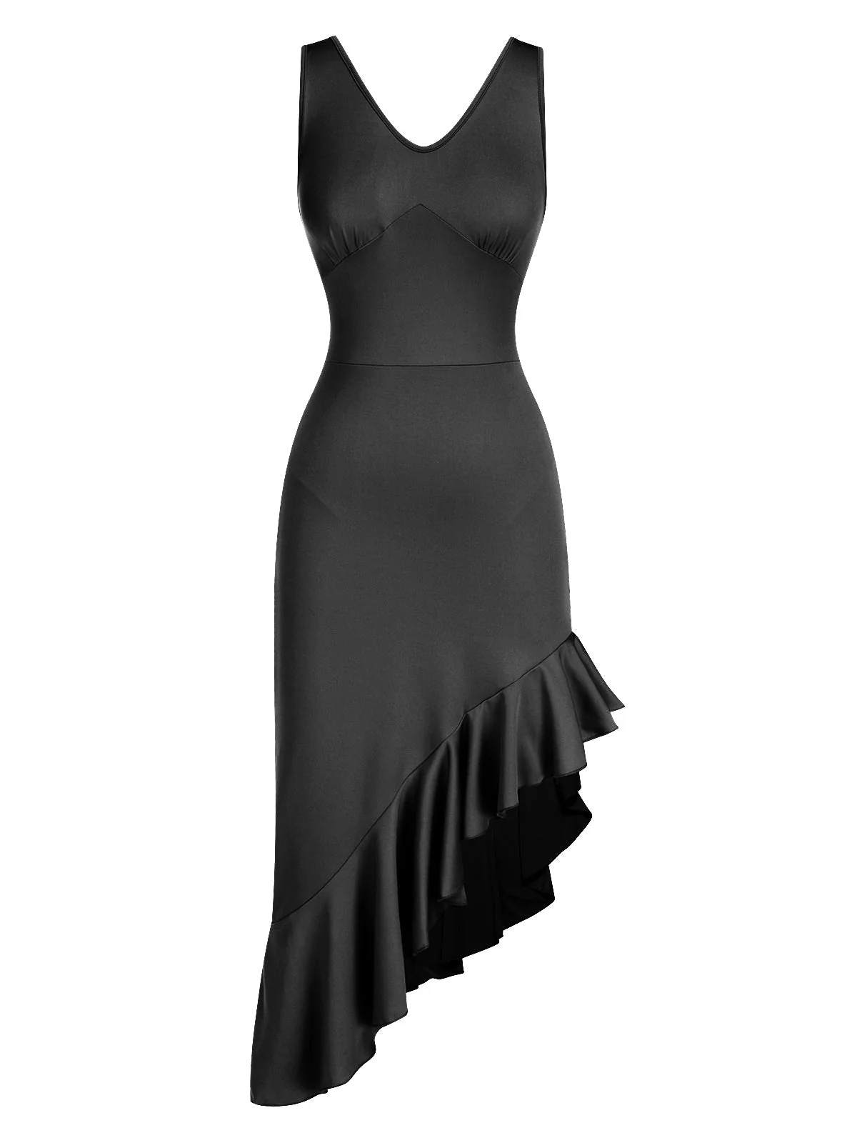 1960er V-Ausschnitt Schräg Rüschen Saum Ärmellos Kleid - Image 6