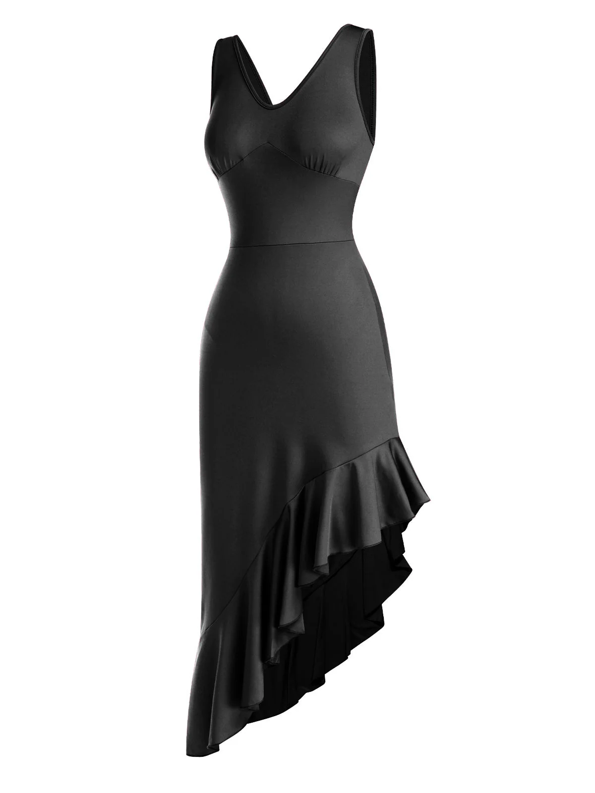 1960er V-Ausschnitt Schräg Rüschen Saum Ärmellos Kleid - Image 7