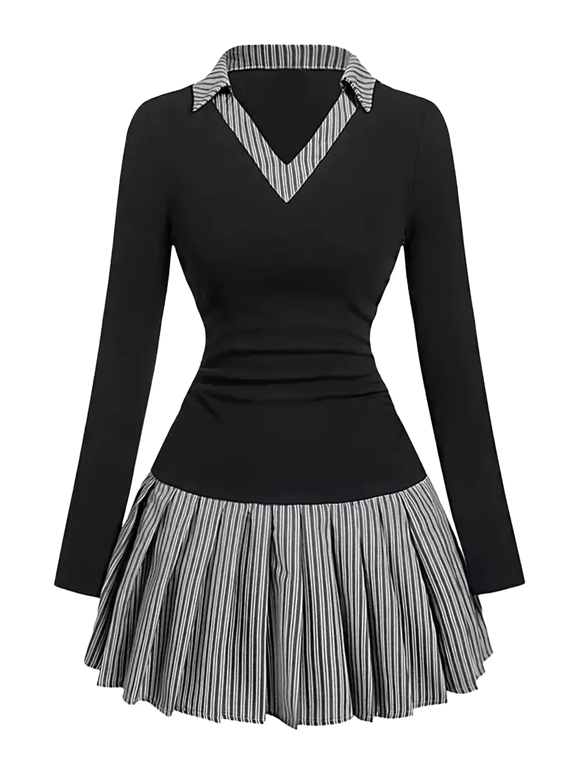 1960er V-Ausschnitt Streifen Plissiert Fake Zweiteiler Kleid - Image 2