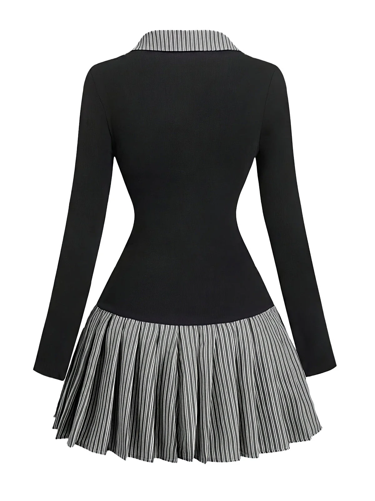 1960er V-Ausschnitt Streifen Plissiert Fake Zweiteiler Kleid - Image 3
