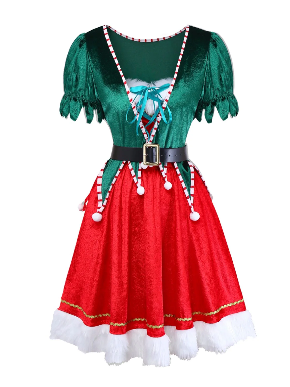 1960er Weihnachten Grün V-Ausschnitt Top & Rot Pelzbesatz Rock - Image 3