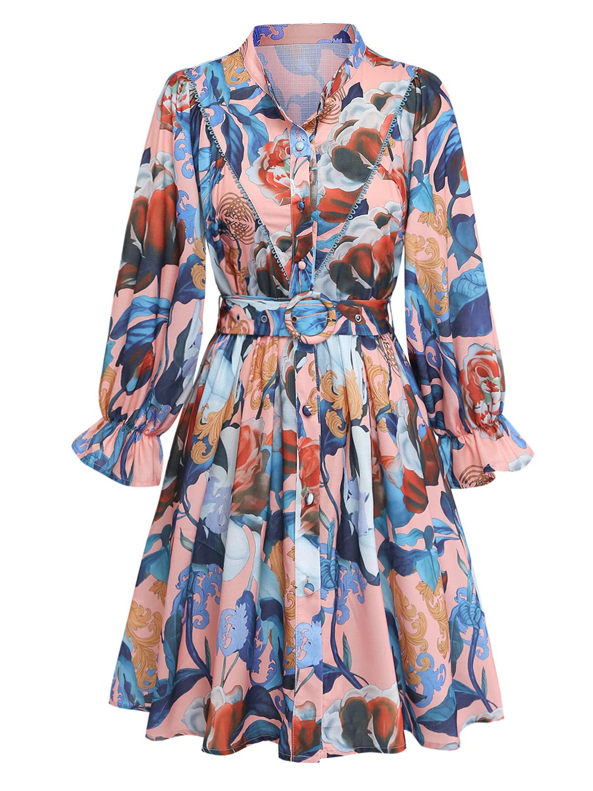 1970er Blumen Laternenärmel Hemdkragen Gürtel Kleid - Image 2
