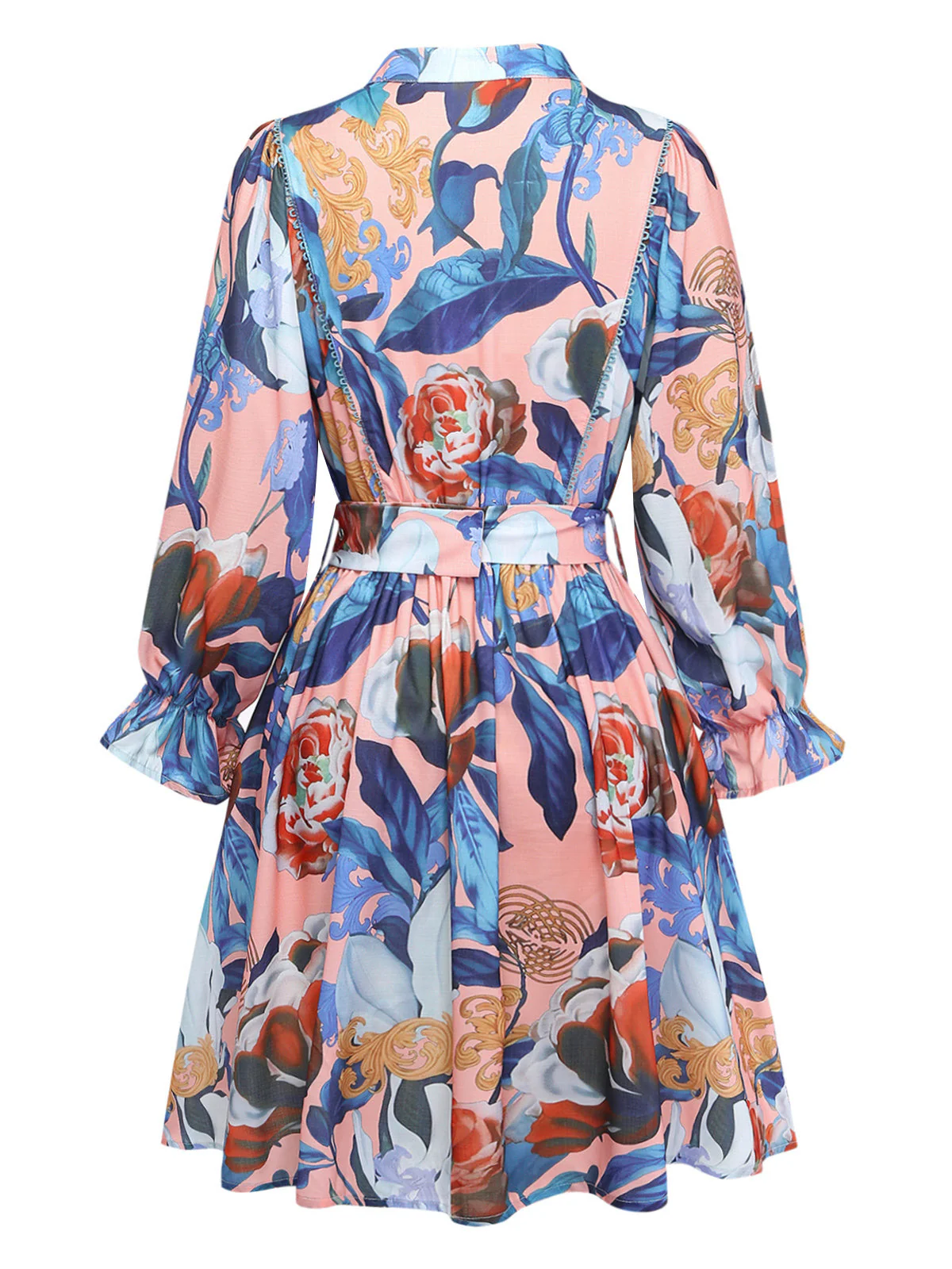1970er Blumen Laternenärmel Hemdkragen Gürtel Kleid - Image 3