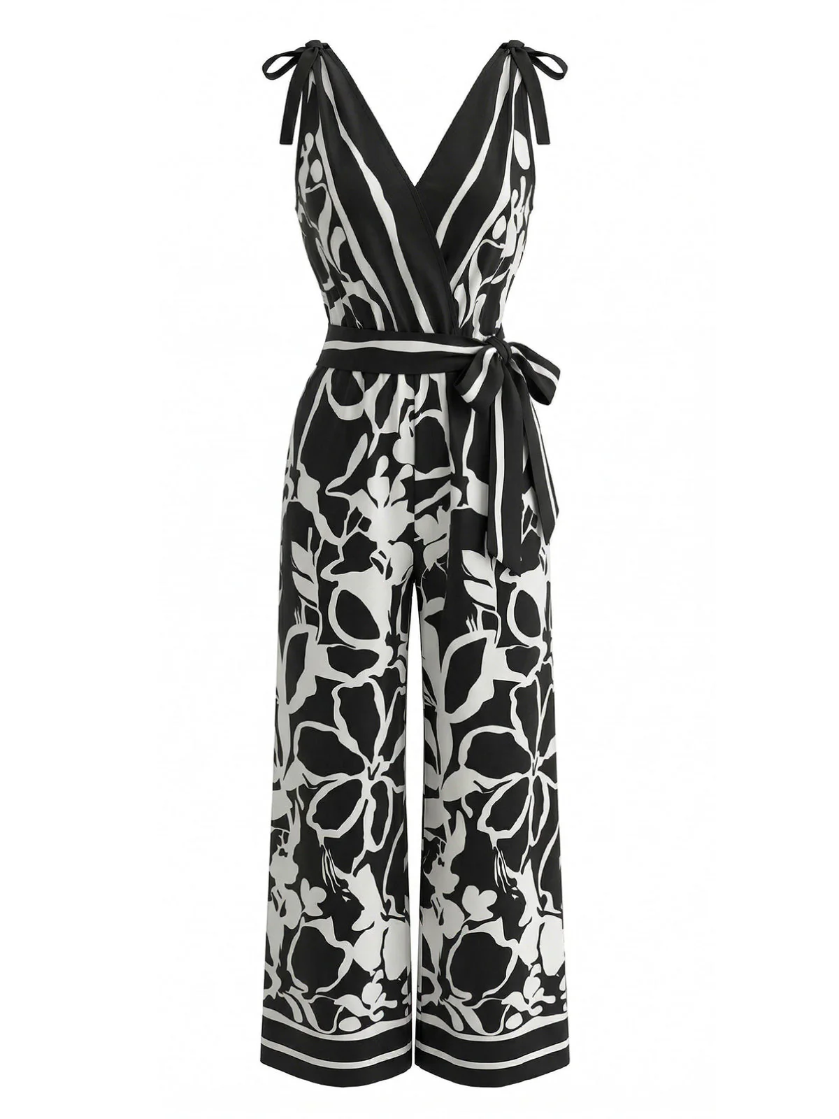 1970er Blumen V-Ausschnitt Ärmellos Weites Bein Jumpsuit - Image 2