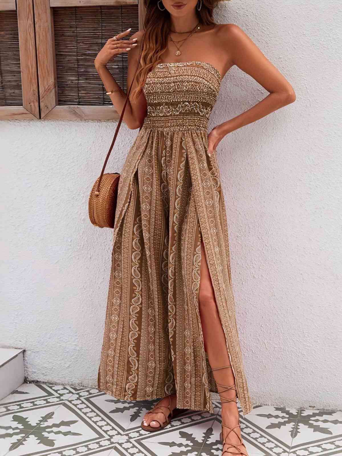 1970er Bohemien Trägerlos Schlitz Gesmokt Jumpsuit - Image 10