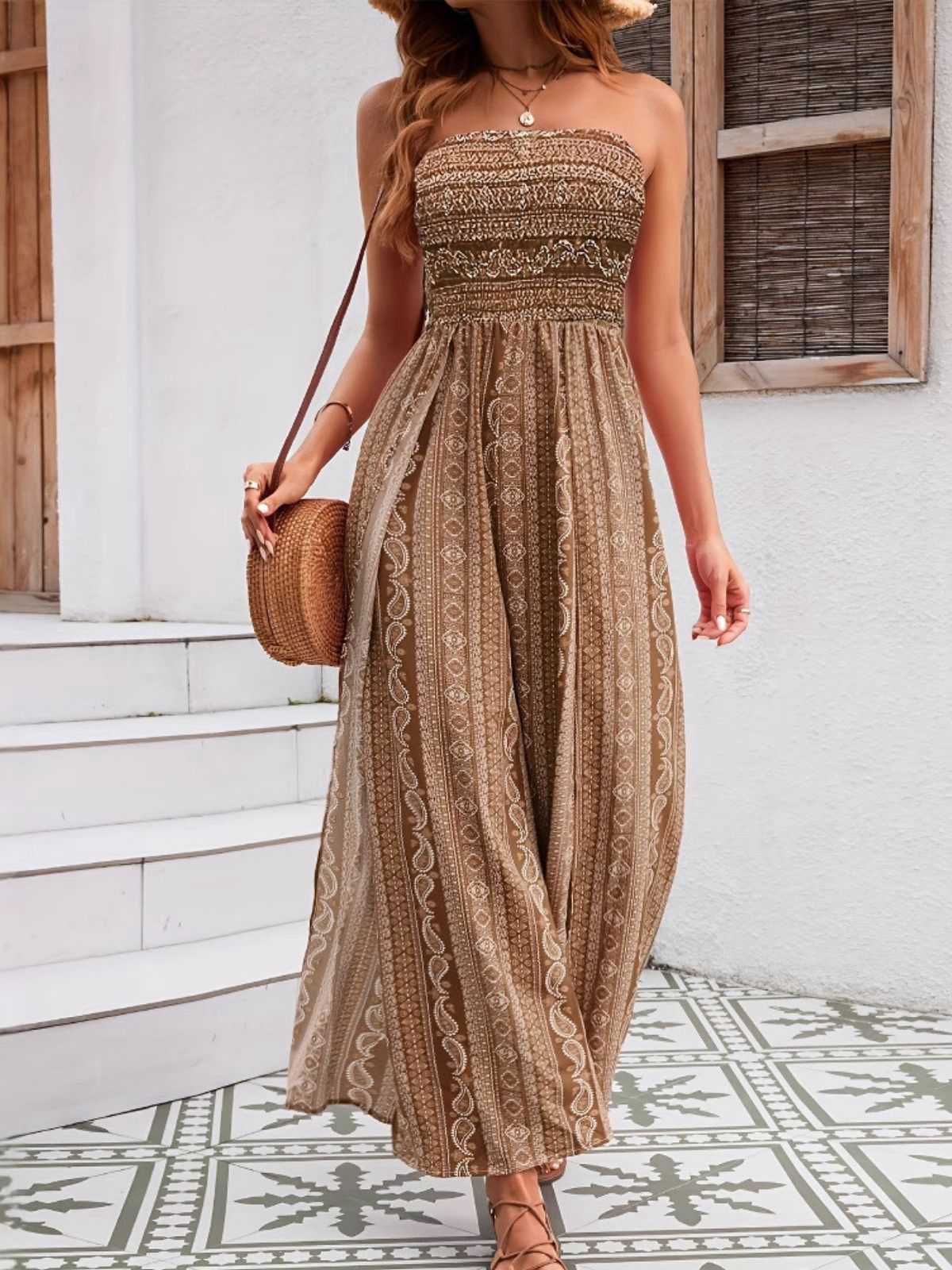 1970er Bohemien Trägerlos Schlitz Gesmokt Jumpsuit - Image 11