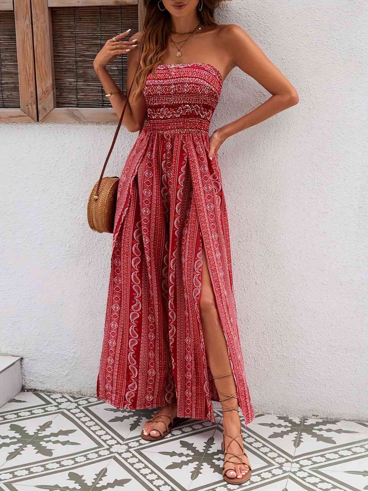 1970er Bohemien Trägerlos Schlitz Gesmokt Jumpsuit - Image 2