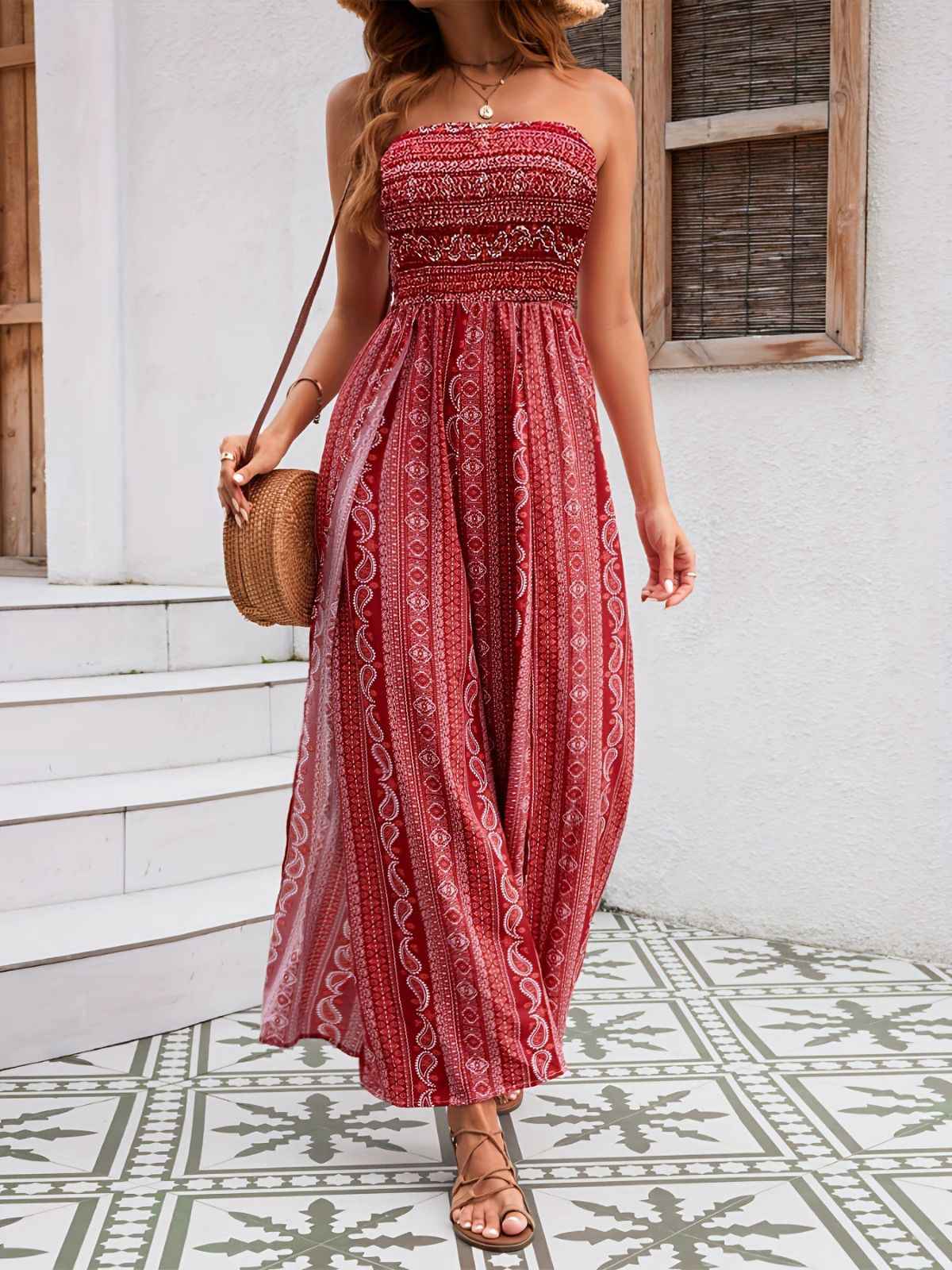 1970er Bohemien Trägerlos Schlitz Gesmokt Jumpsuit - Image 3
