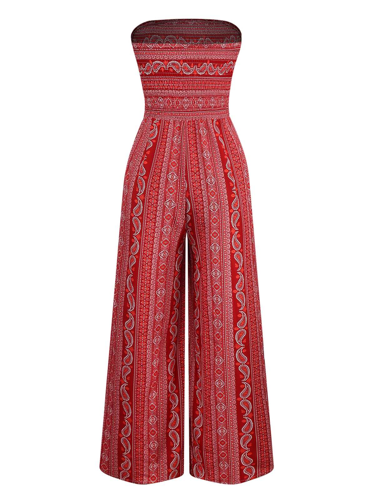 1970er Bohemien Trägerlos Schlitz Gesmokt Jumpsuit - Image 5