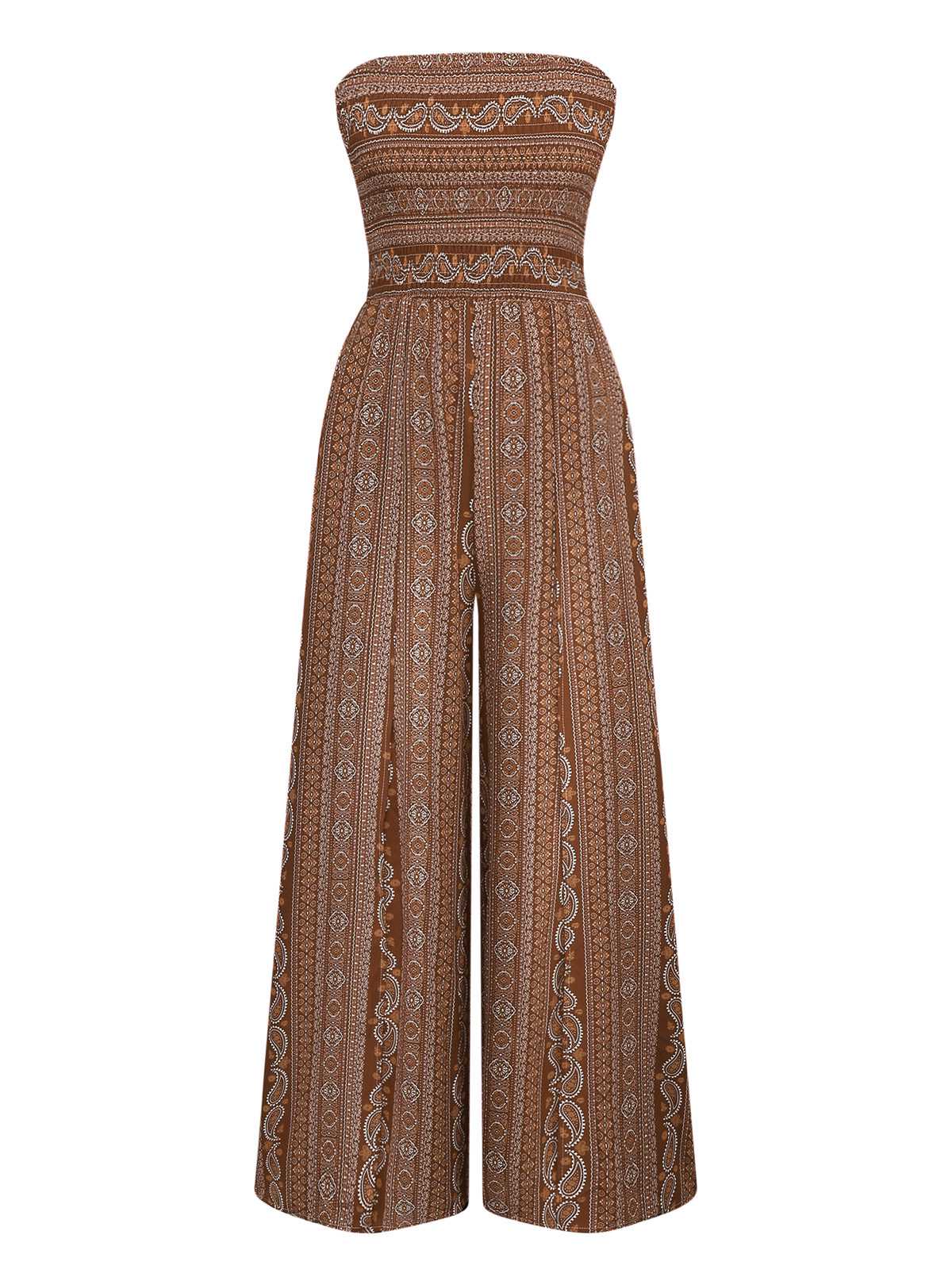 1970er Bohemien Trägerlos Schlitz Gesmokt Jumpsuit - Image 9