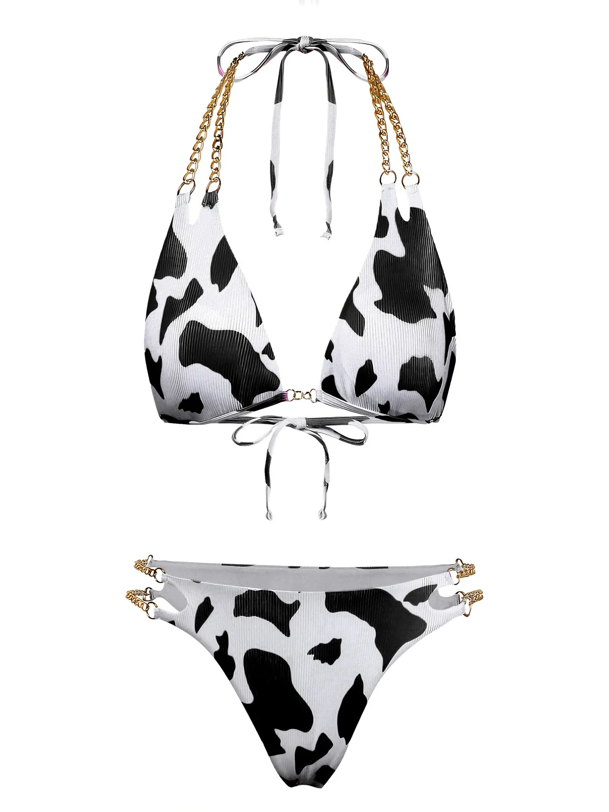 1970er Gerippte Kuh Muster Ketten Halter Bikini Set