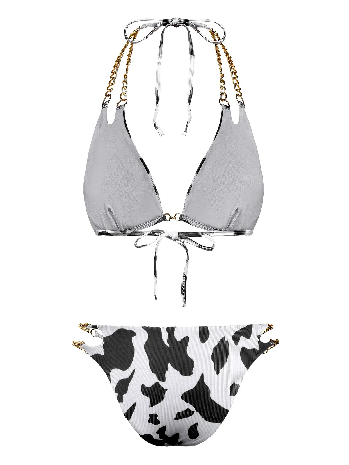 1970er Gerippte Kuh Muster Ketten Halter Bikini Set - Image 2