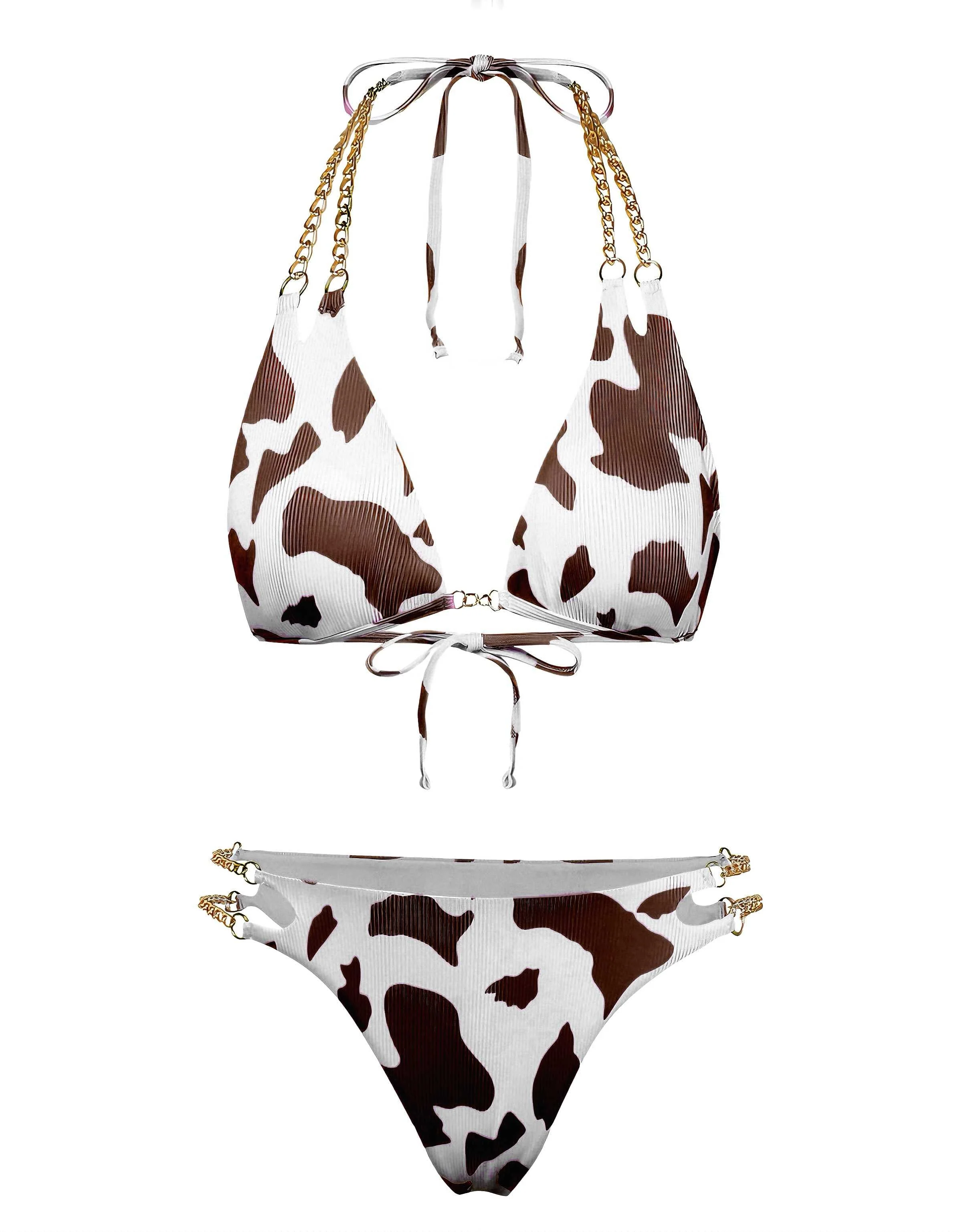 1970er Gerippte Kuh Muster Ketten Halter Bikini Set - Image 3