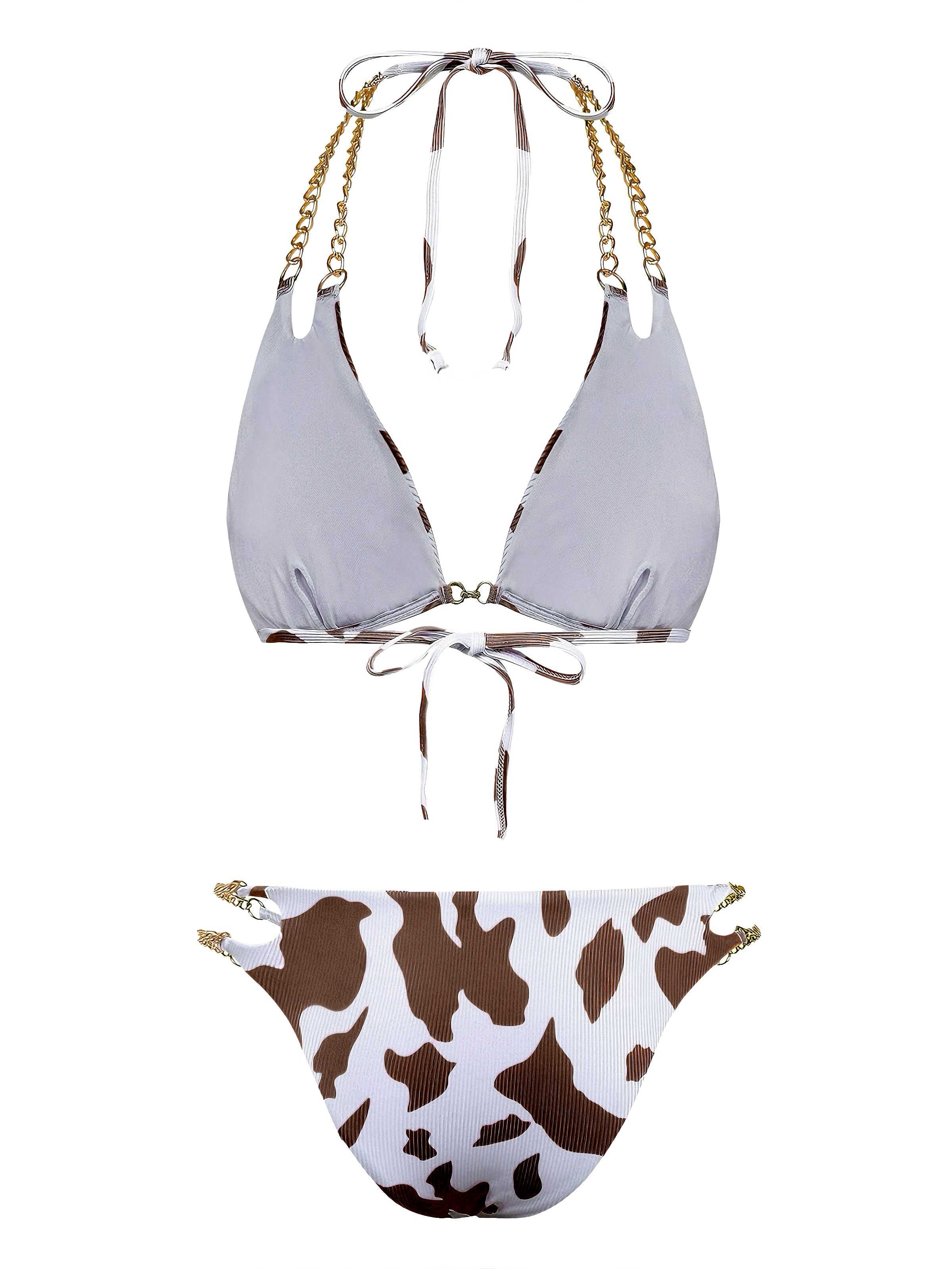 1970er Gerippte Kuh Muster Ketten Halter Bikini Set - Image 4