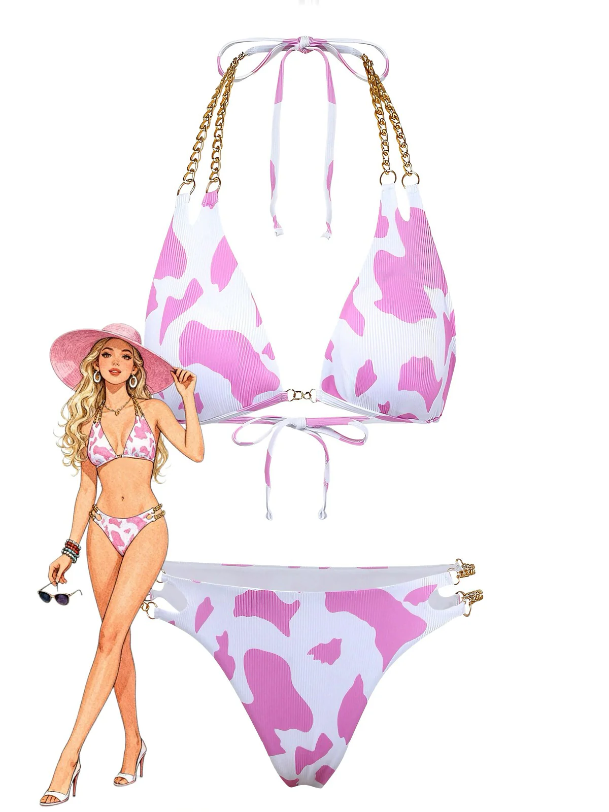 1970er Gerippte Kuh Muster Ketten Halter Bikini Set - Image 5