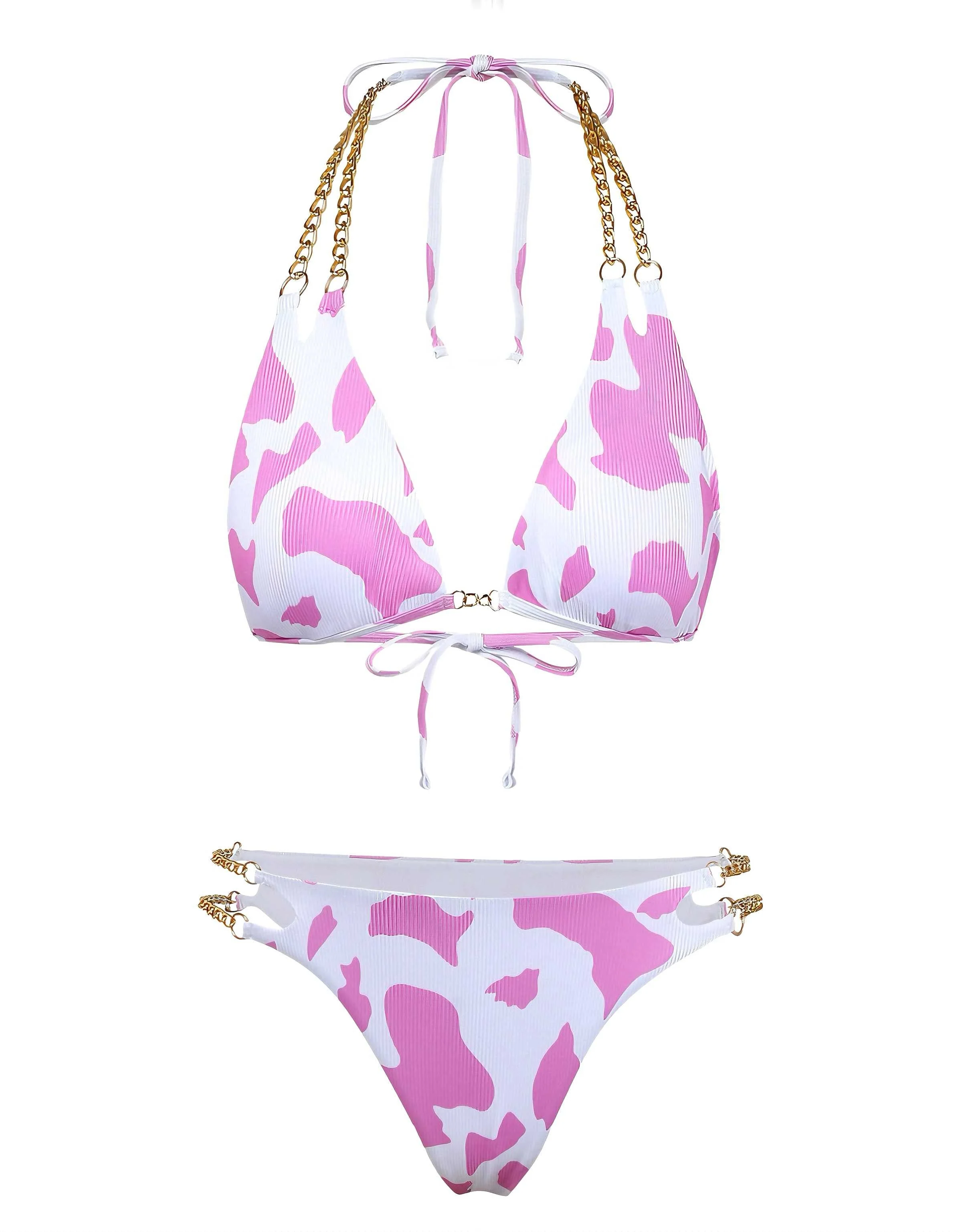 1970er Gerippte Kuh Muster Ketten Halter Bikini Set - Image 6
