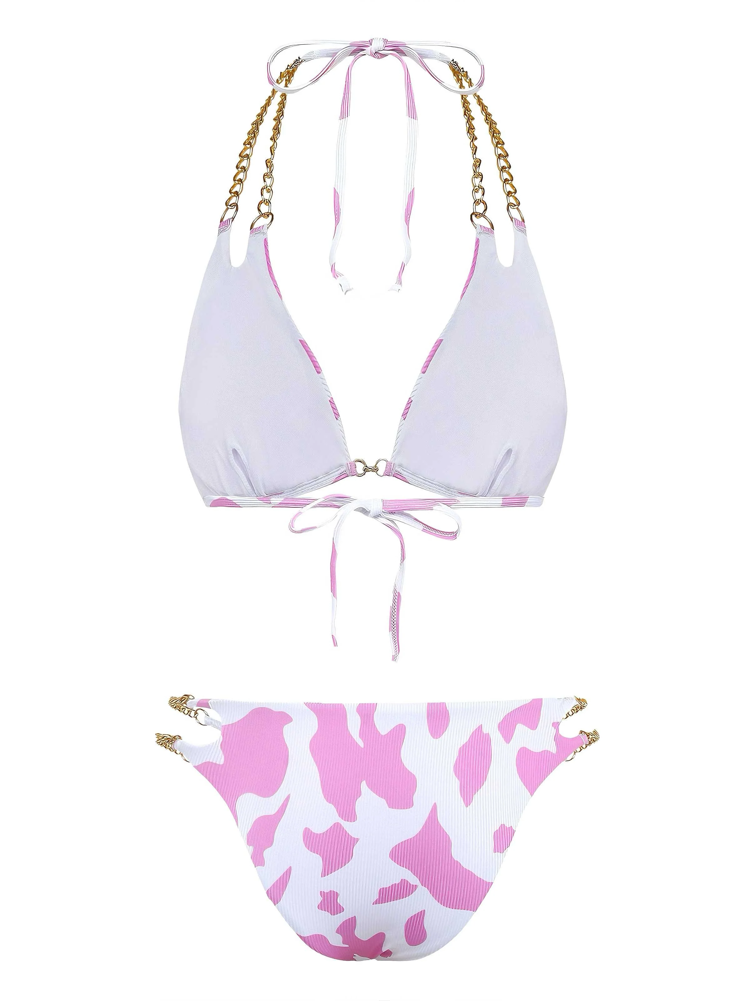 1970er Gerippte Kuh Muster Ketten Halter Bikini Set - Image 7