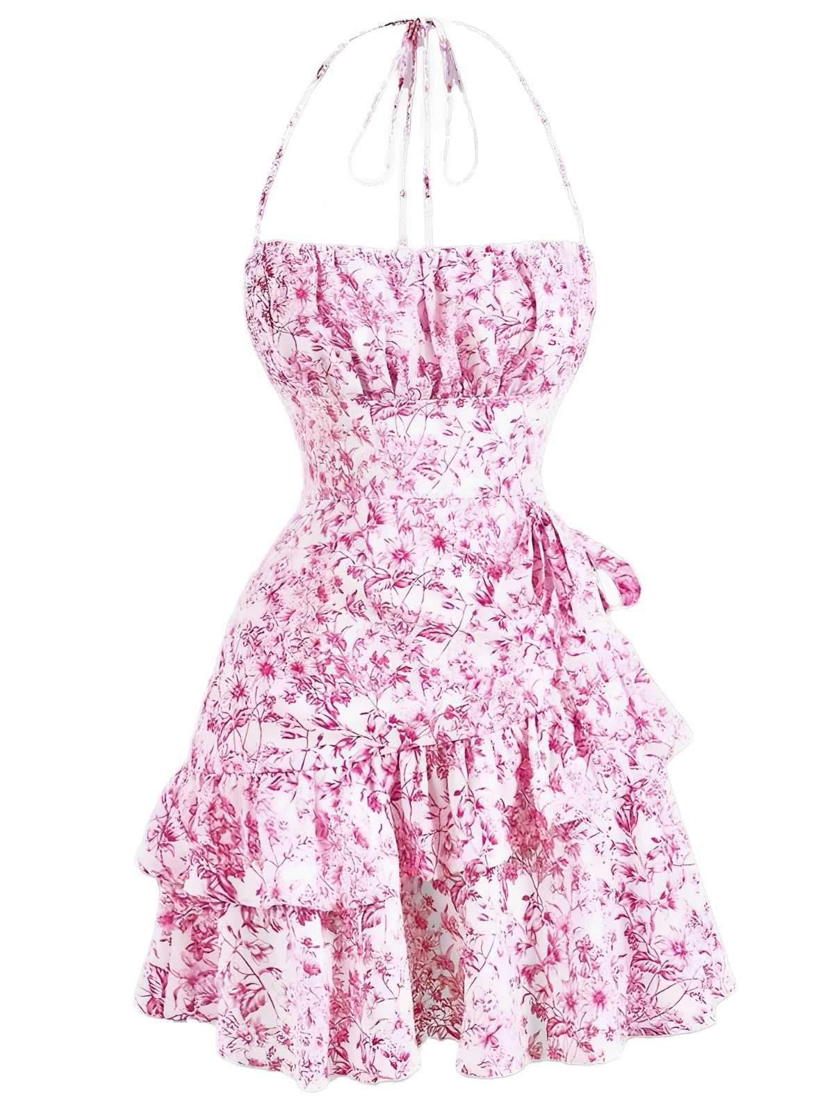 1970er Halter Abgestuft Rüschen Blumen Kleid - Image 5
