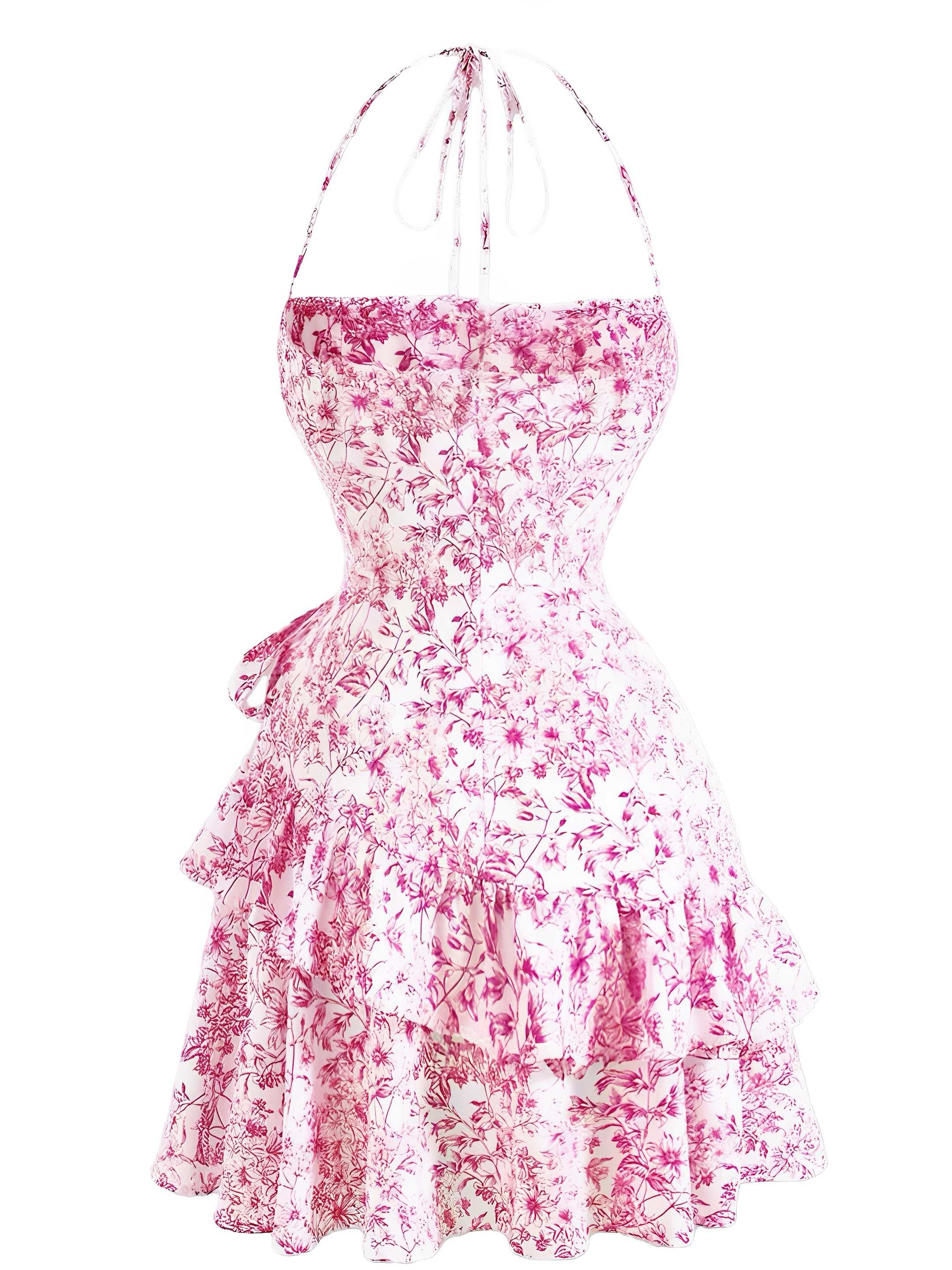 1970er Halter Abgestuft Rüschen Blumen Kleid - Image 6