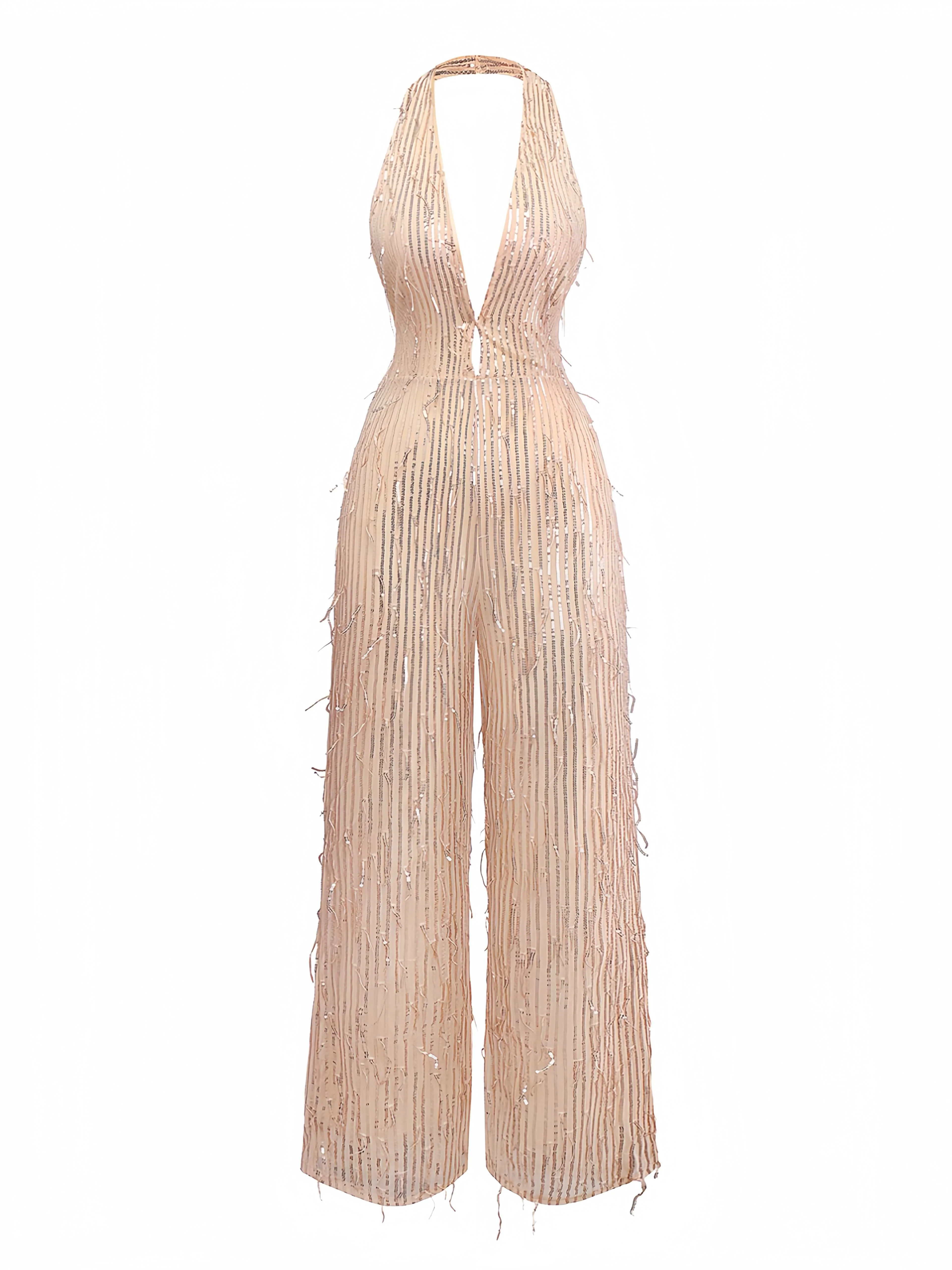 1970er Halter Tief V-Ausschnitt Paillette Franse Jumpsuit - Image 2