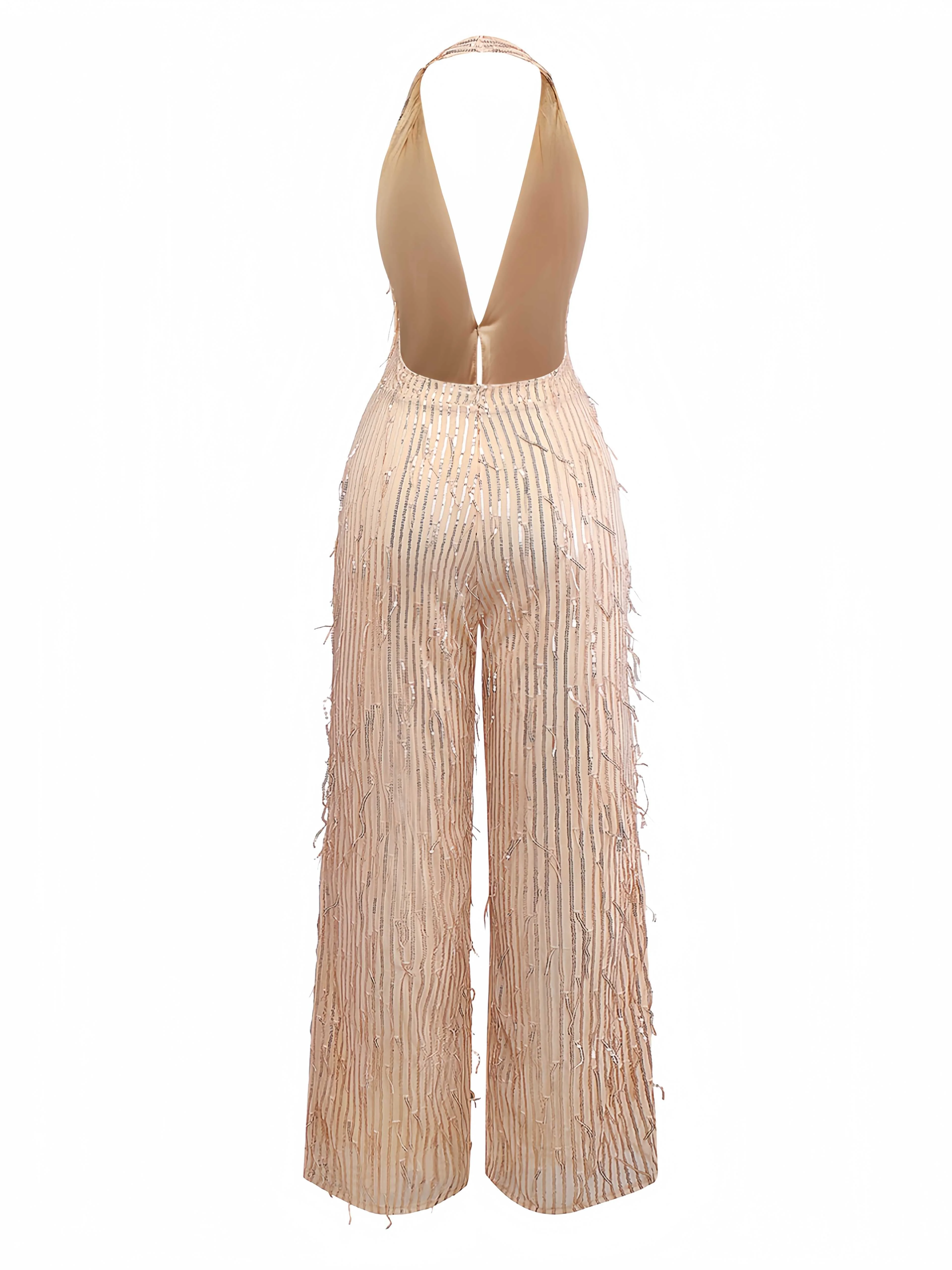1970er Halter Tief V-Ausschnitt Paillette Franse Jumpsuit - Image 3