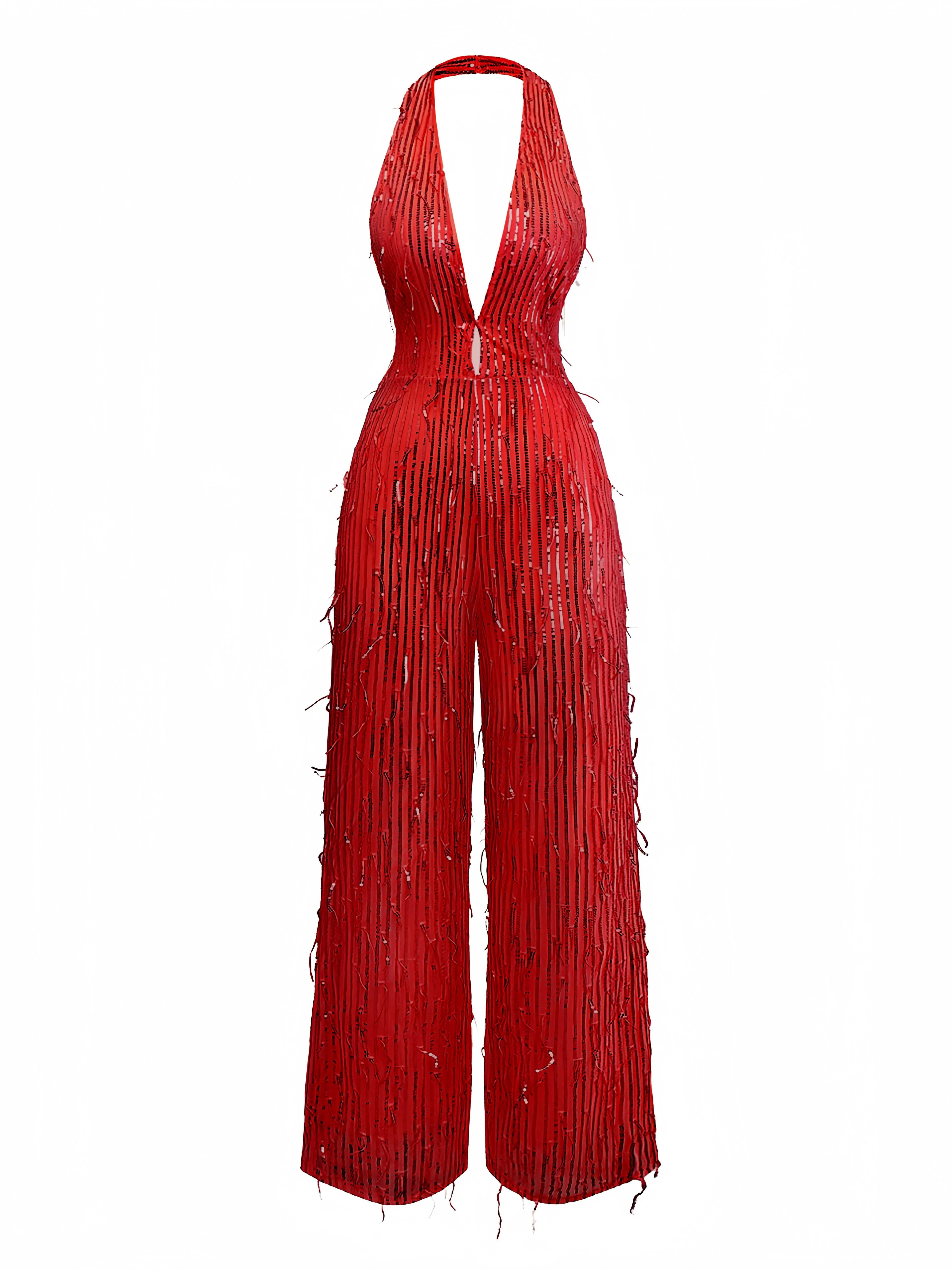 1970er Halter Tief V-Ausschnitt Paillette Franse Jumpsuit - Image 7