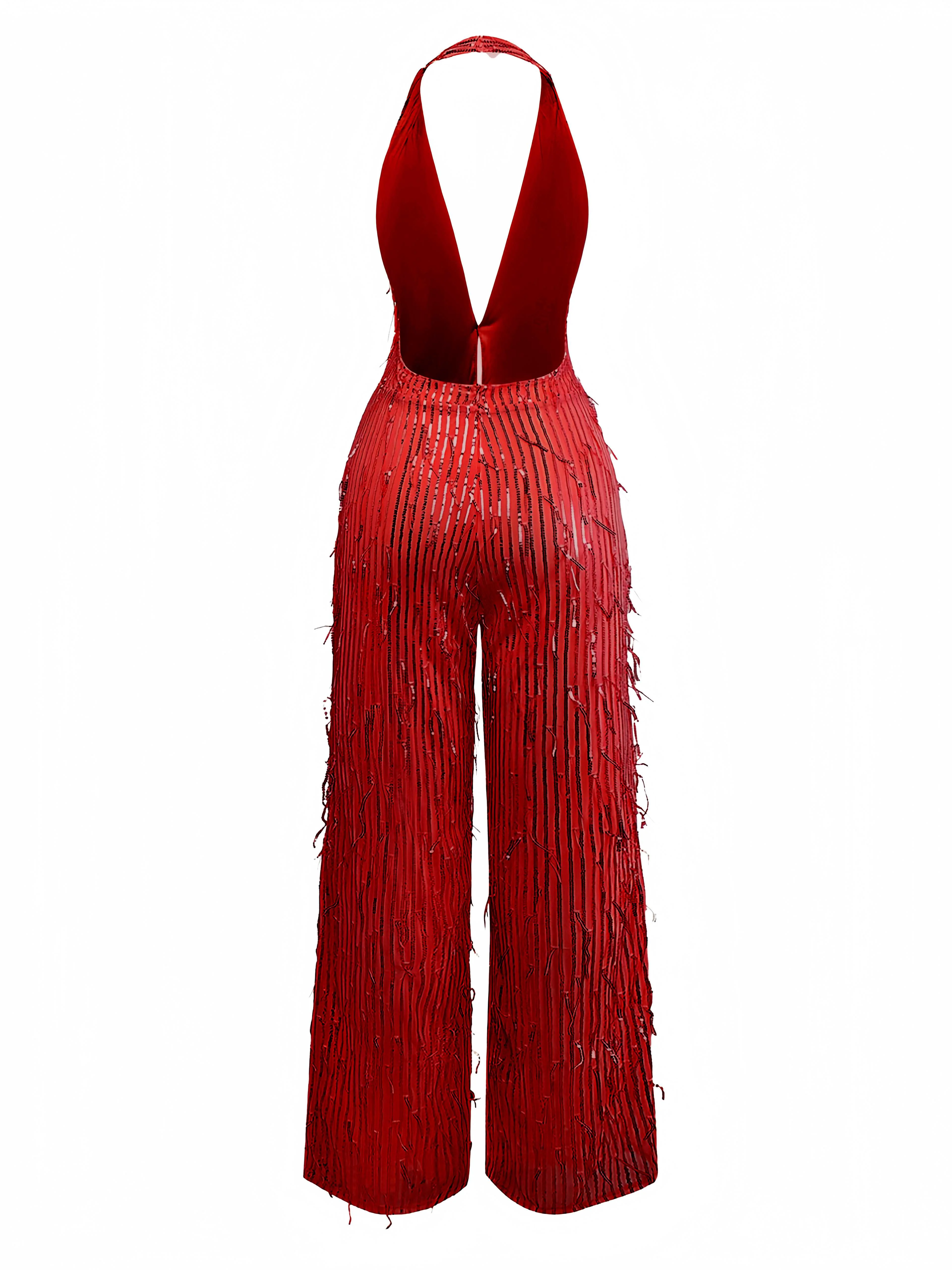 1970er Halter Tief V-Ausschnitt Paillette Franse Jumpsuit - Image 8