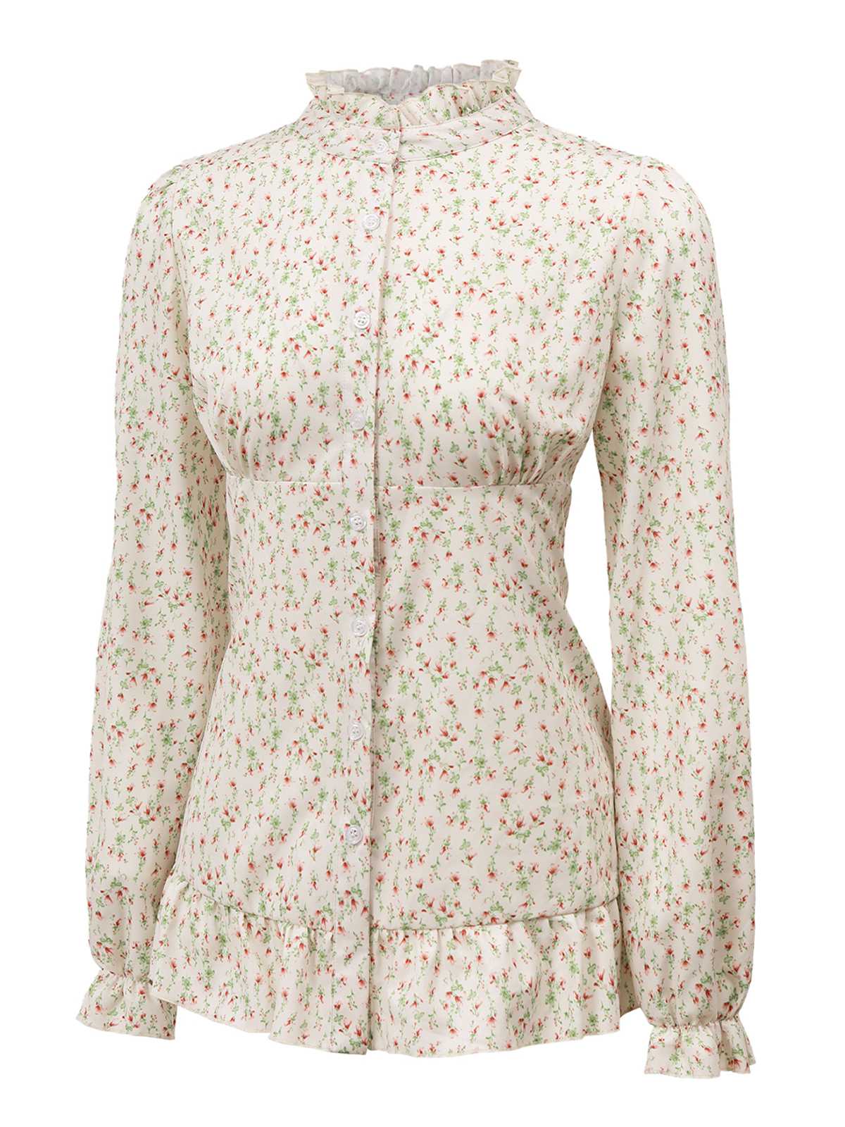 1970er Hoher Hals Blümchen Rüschen Bluse - Image 2