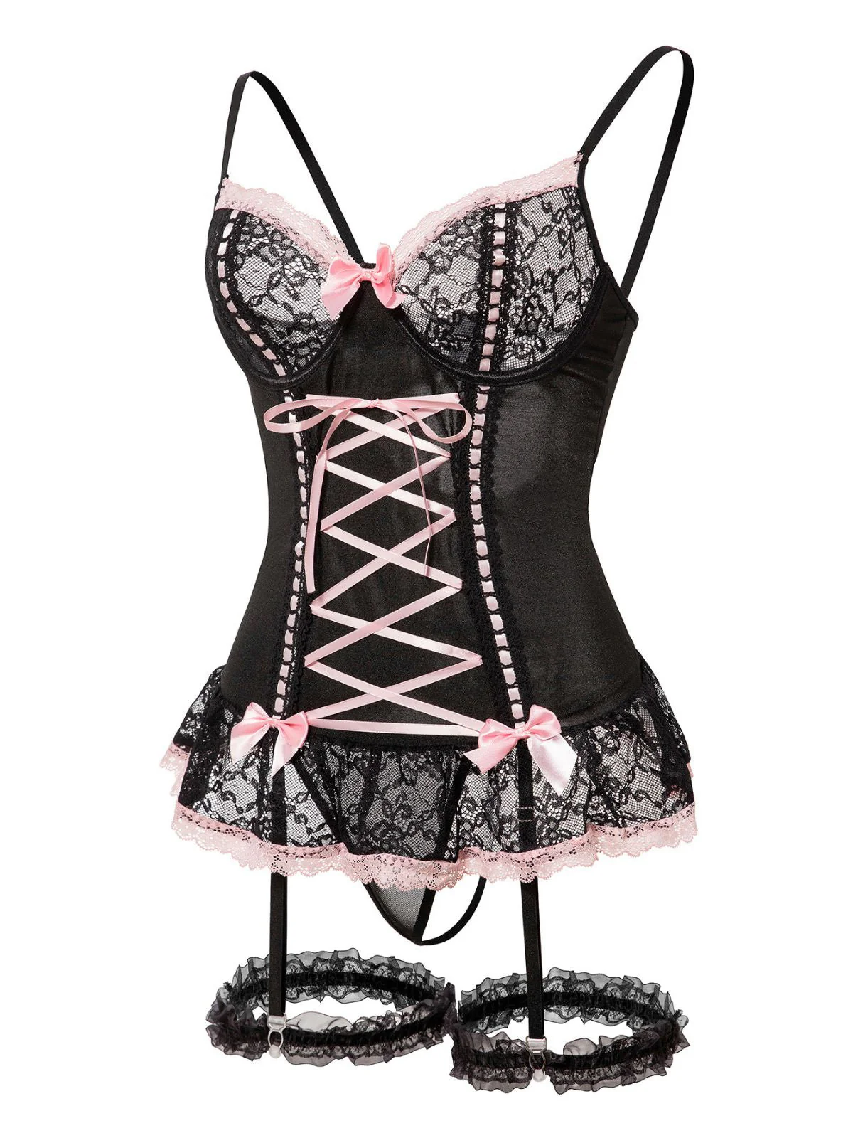 1970er Kontrastiert Spitze Netz Bogen Schnürung Dessous Set - Image 5