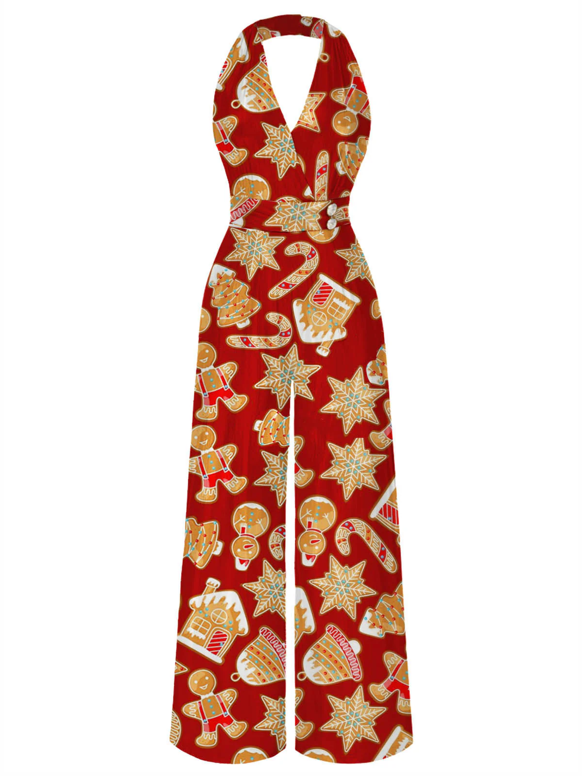Rot 1970er Solide V-Ausschnitt Halter Jumpsuit - Image 10