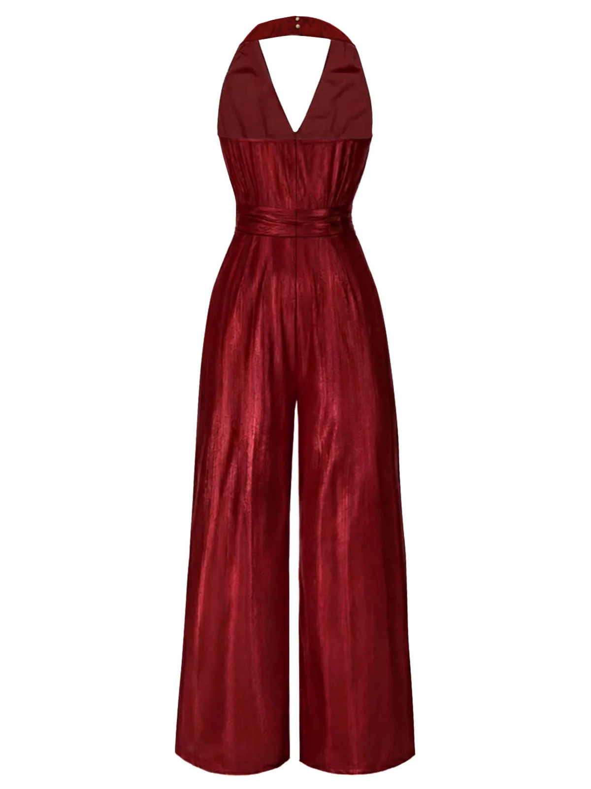 Rot 1970er Solide V-Ausschnitt Halter Jumpsuit - Image 2